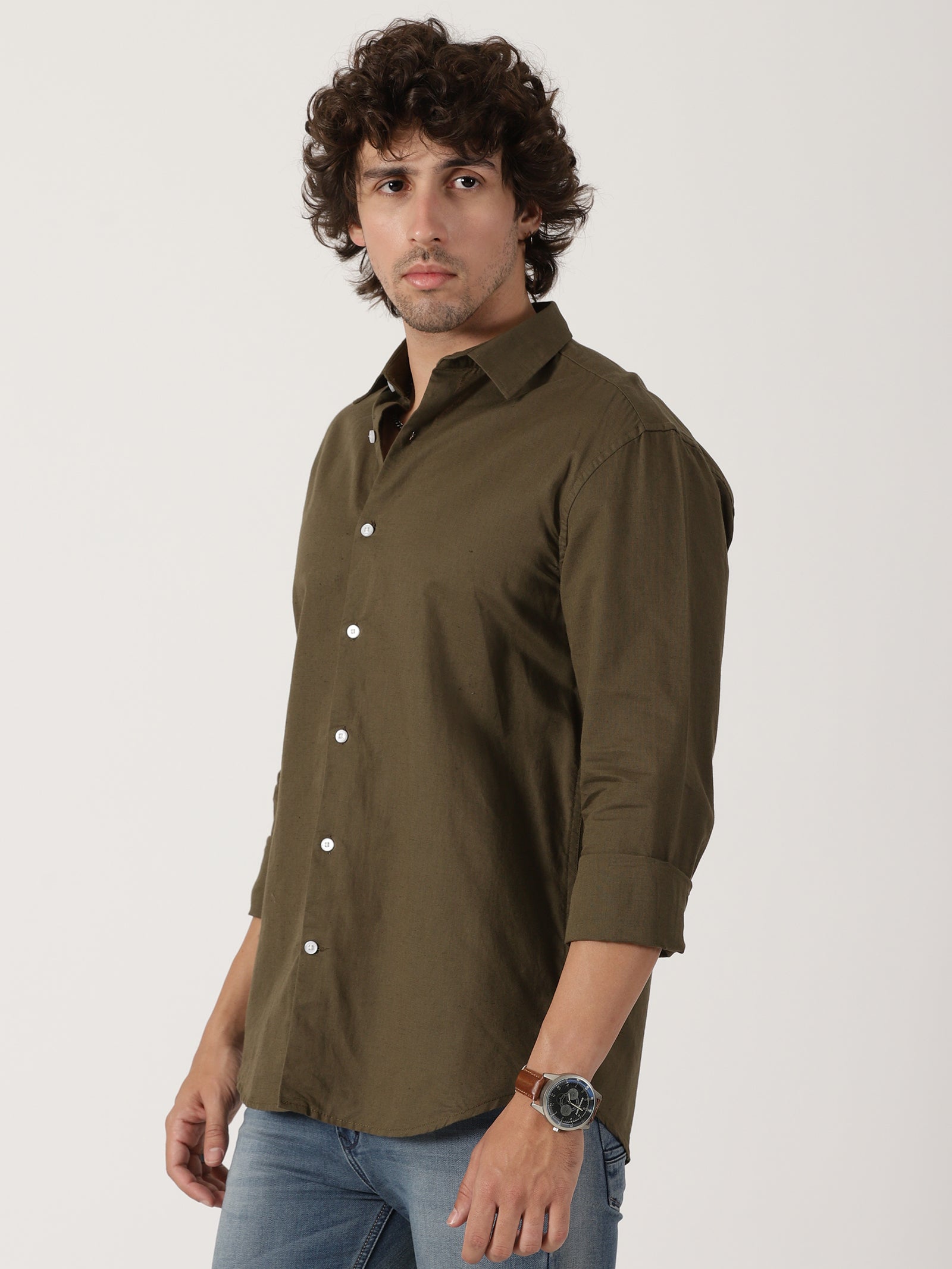 olive green linen full sleeve shirt