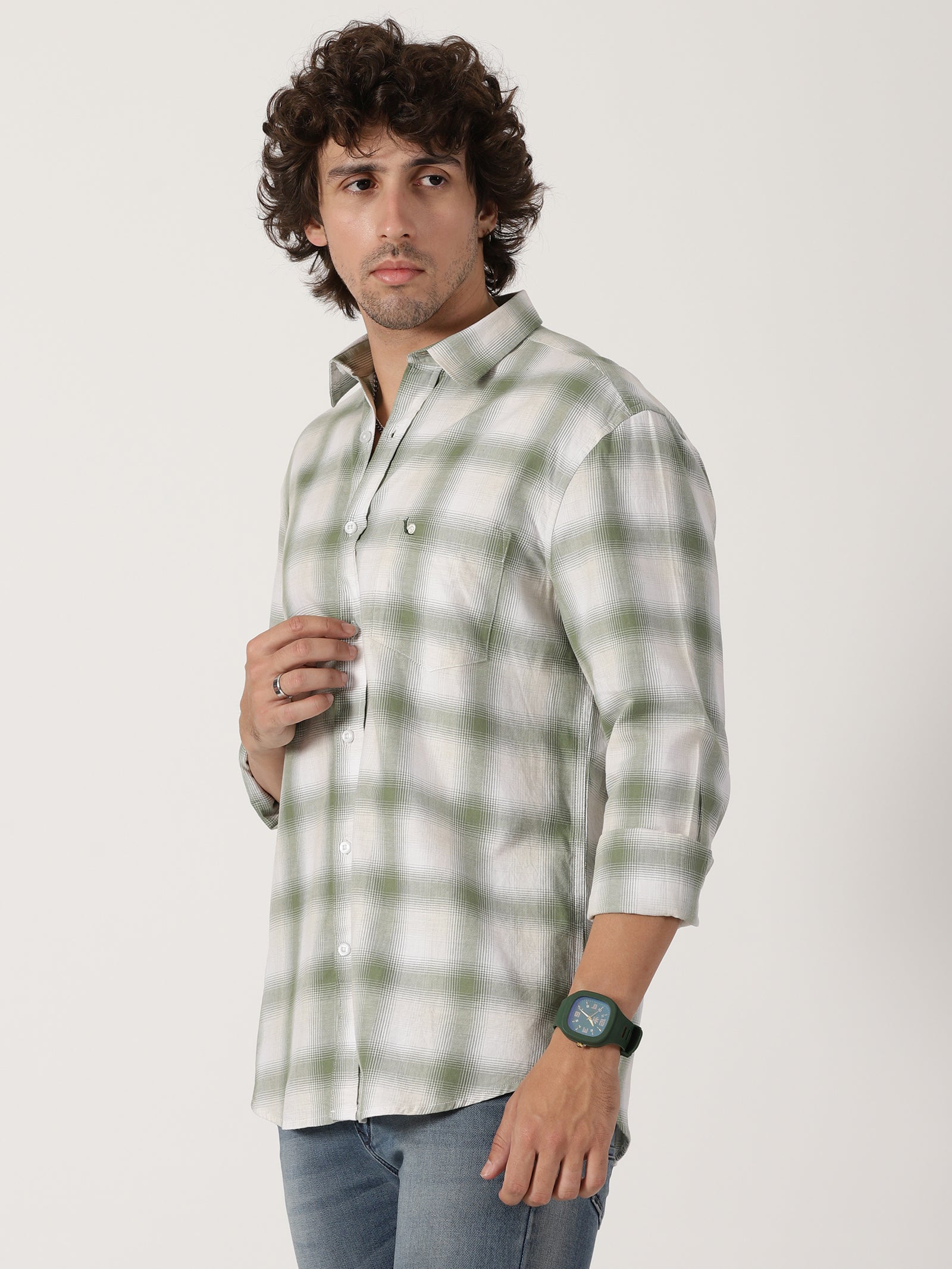 sage green & white checkered full sleeve shirt