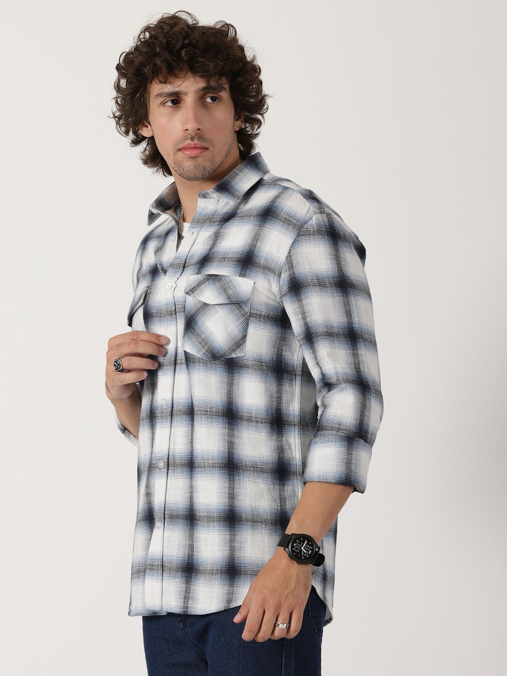 white & navy blue plaid cotton full sleeve shirt