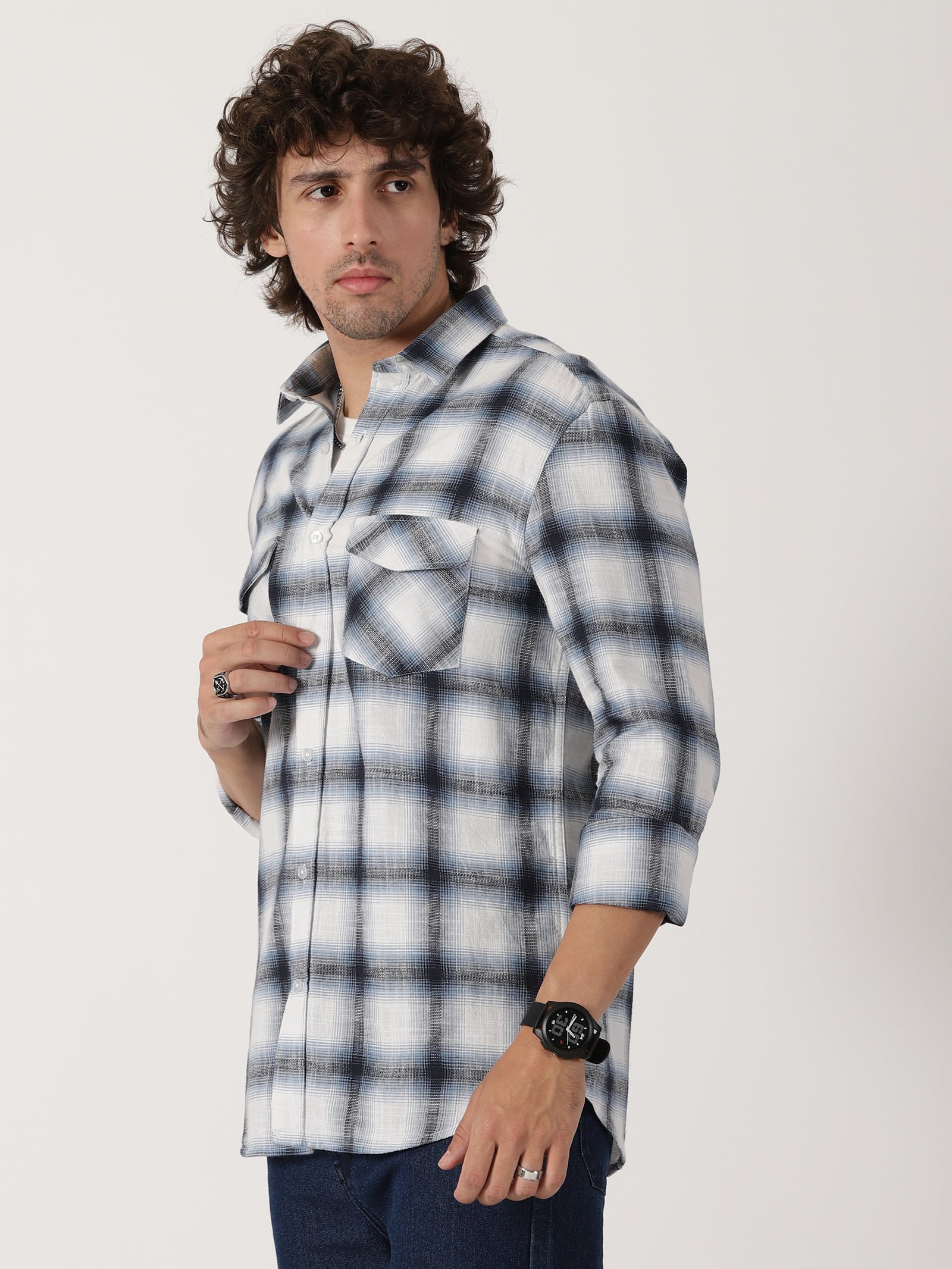 white & navy blue plaid cotton full sleeve shirt