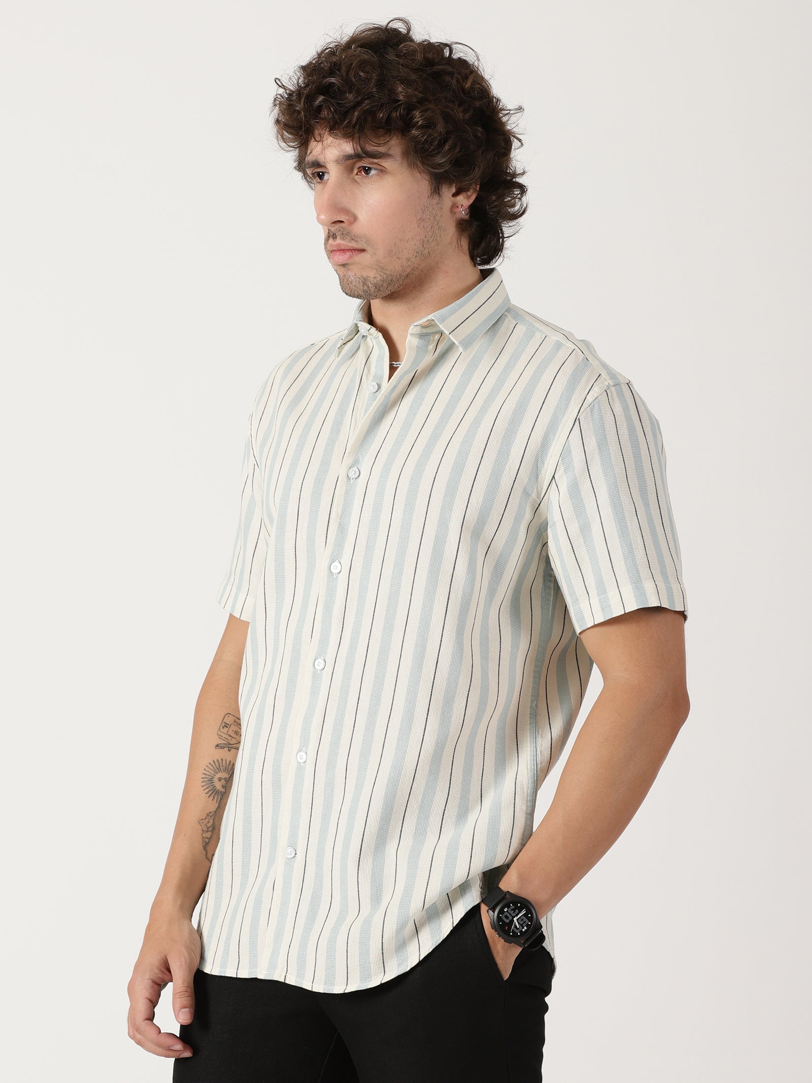 white & sky blue vertical striped cotton blend half sleeve shirt