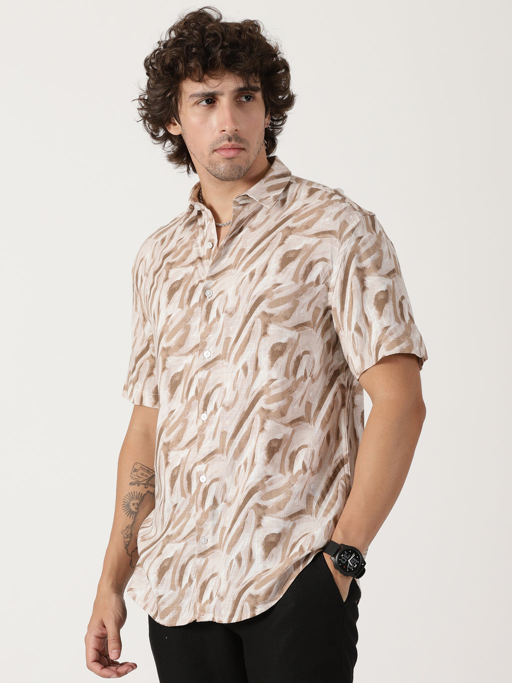 beige abstract print linen blend causal half sleeve shirt