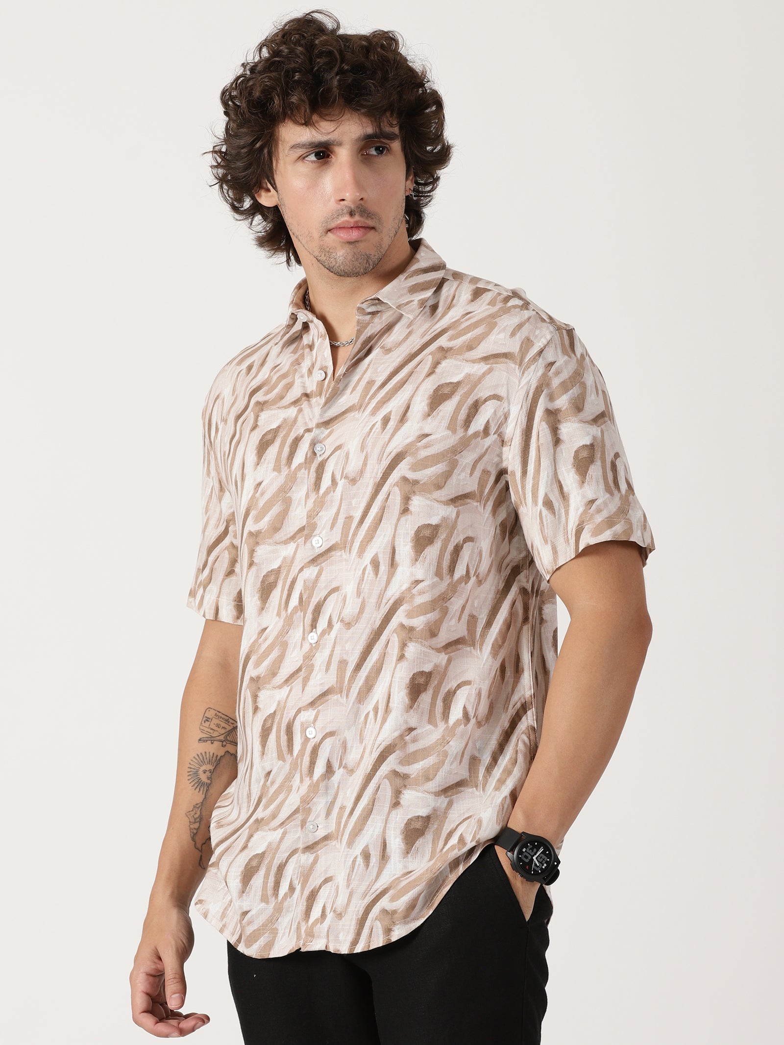 beige abstract print linen blend causal half sleeve shirt