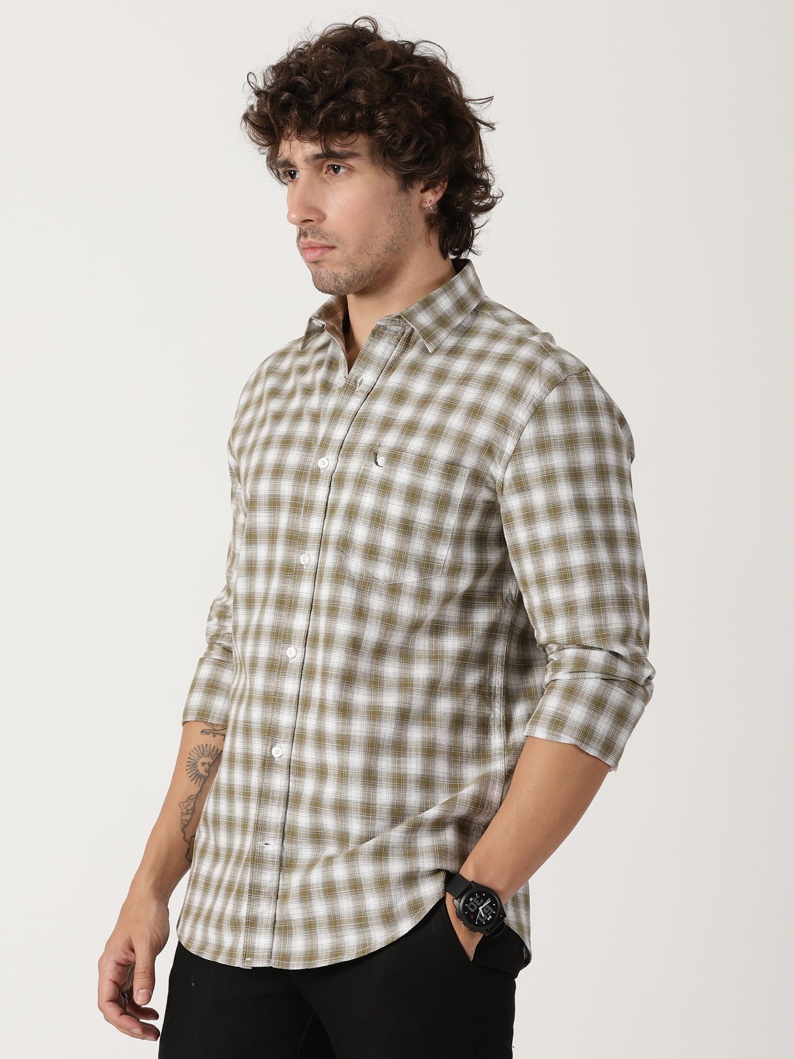 olive green & white checkered cotton shirt