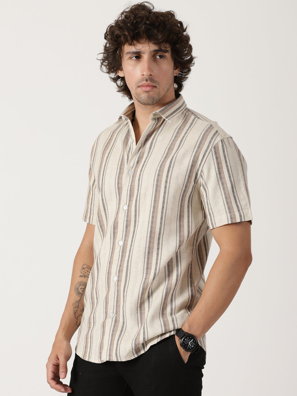 Men's Beige Multi-Toned Vertical Striped Short-Sleeve Resort Shirt
