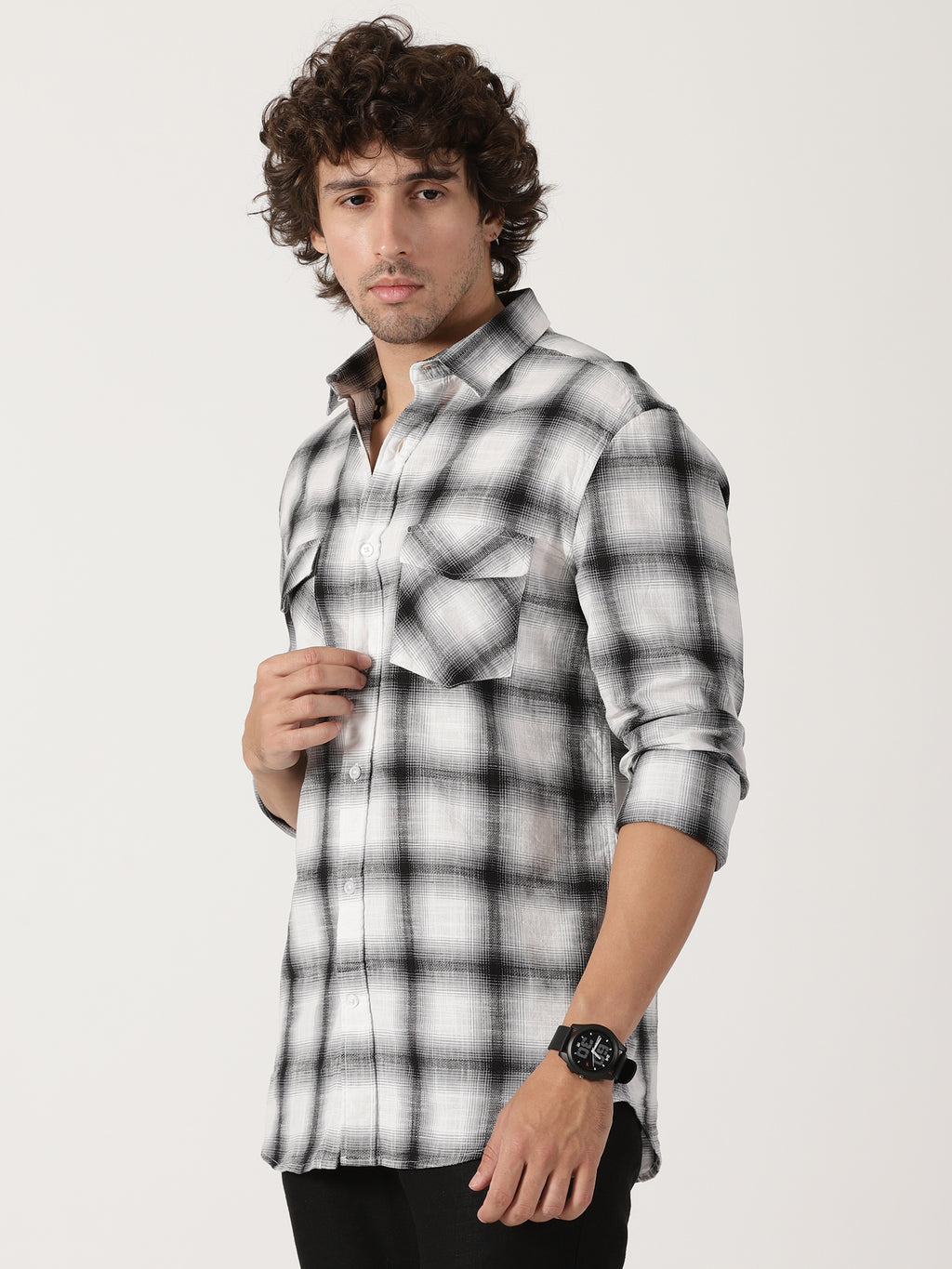 Black & white plaid cotton casual full sleeve