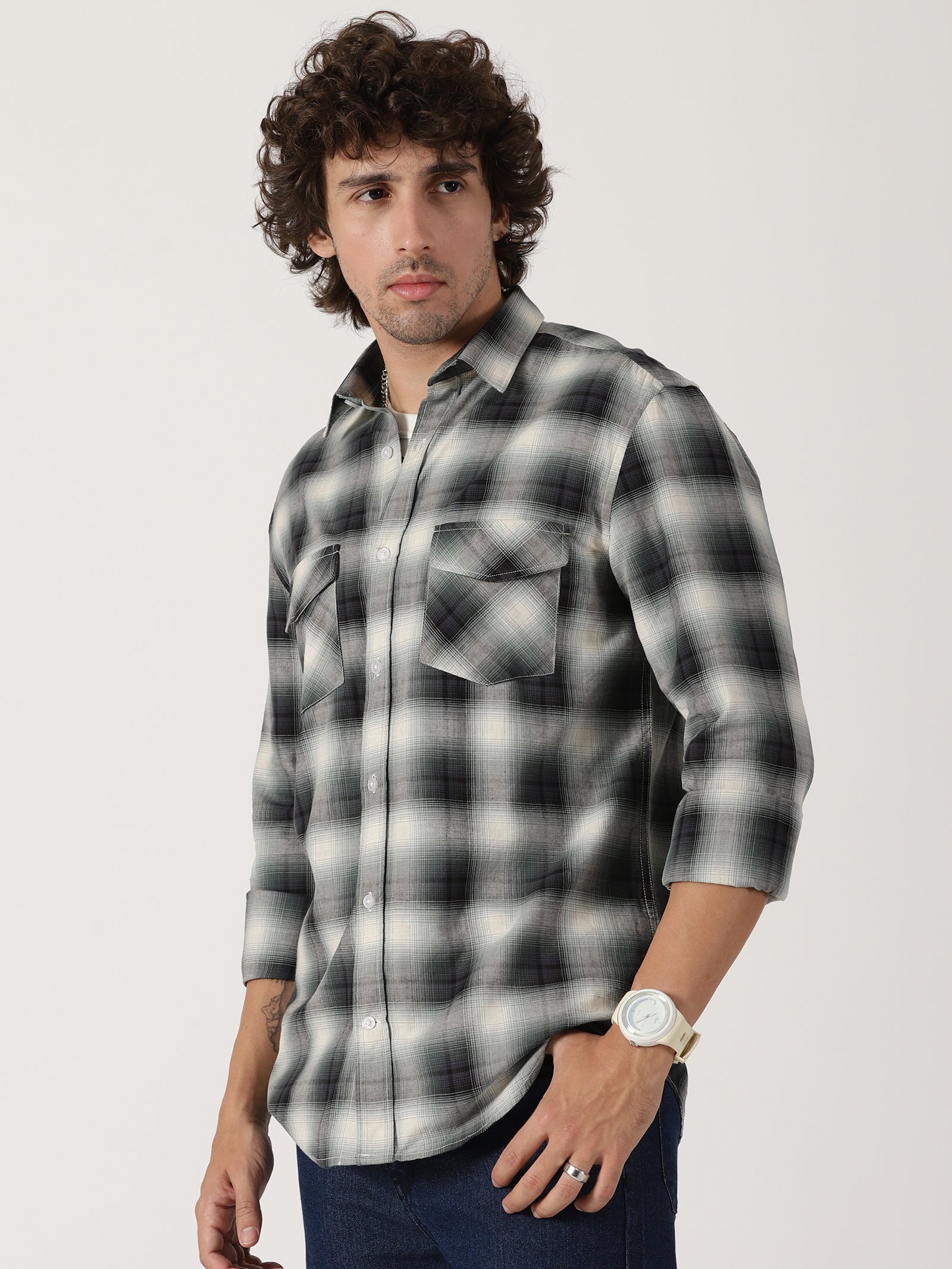 Green & black plaid cotton casual full sleeve shirt