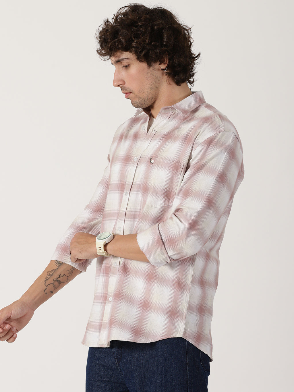 Dusty pink & white plaid cotton casual full sleeve shirt