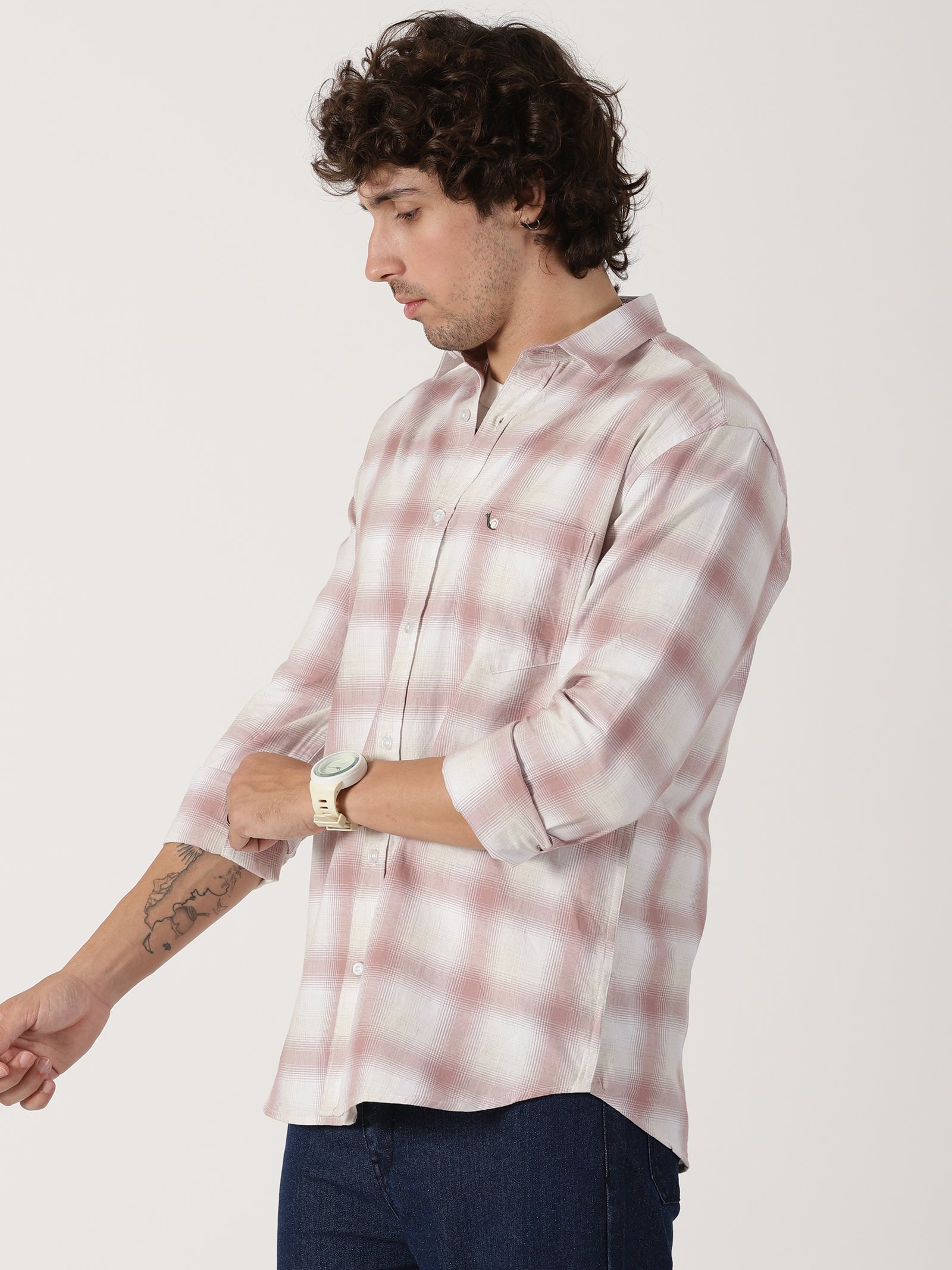 Dusty pink & white plaid cotton casual full sleeve shirt