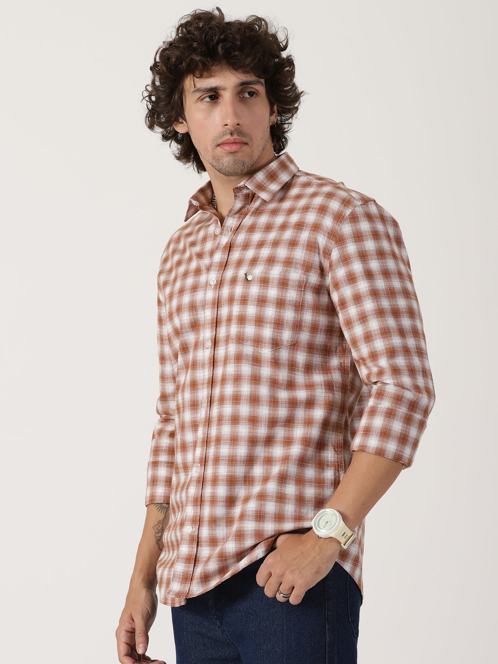 rust brown & white checkered cotton casual full sleeve shirt