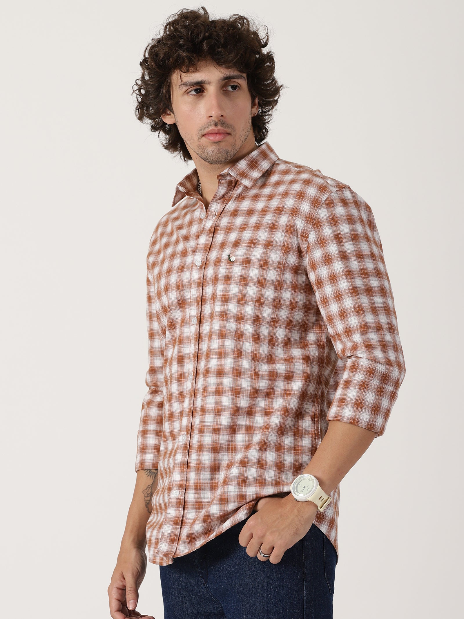 rust brown & white checkered cotton casual full sleeve shirt