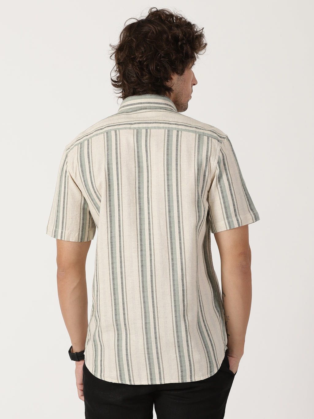 Beige & sage green vertical striped linen blend casual half sleeve