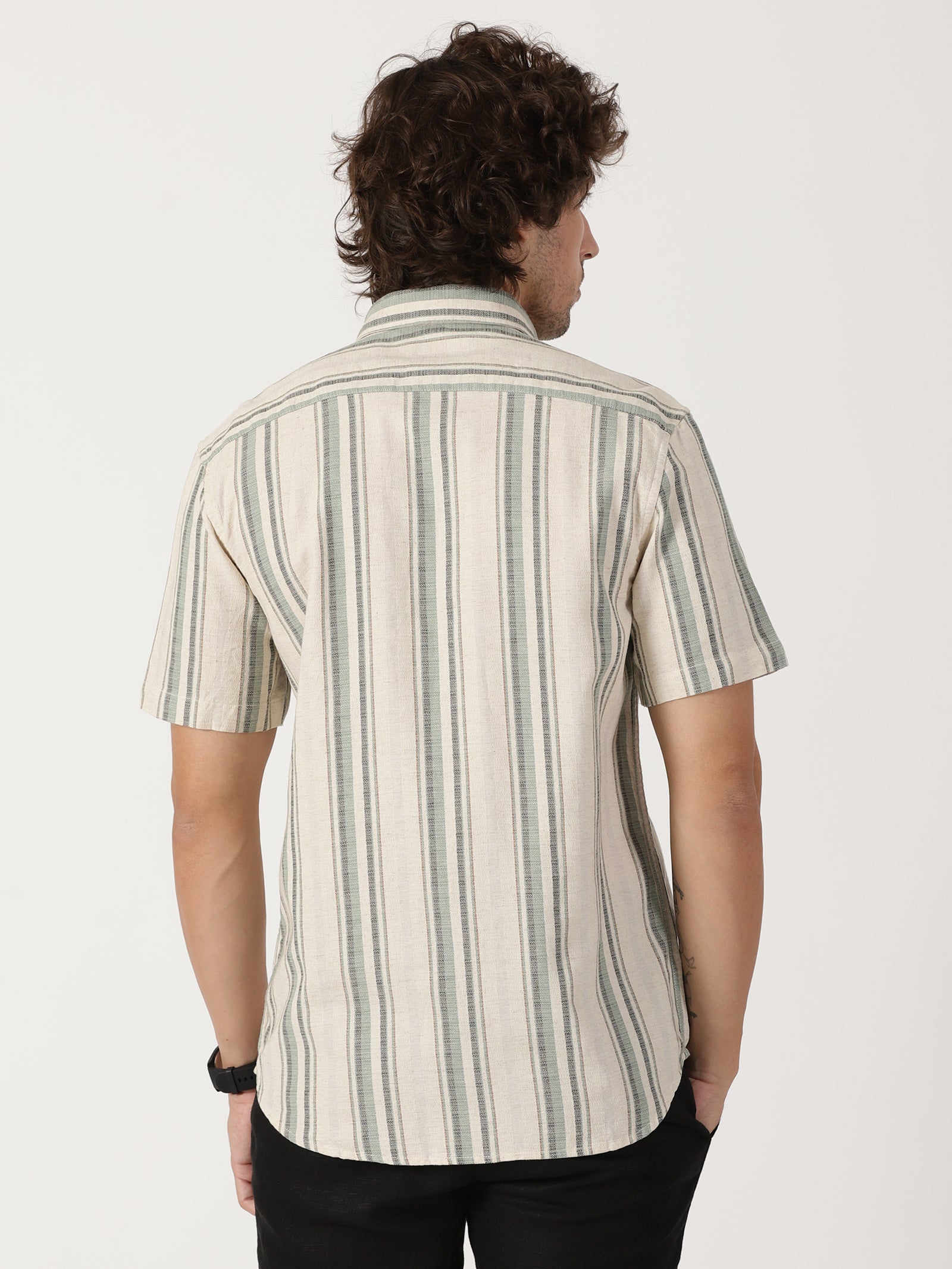 Beige & sage green vertical striped linen blend casual half sleeve