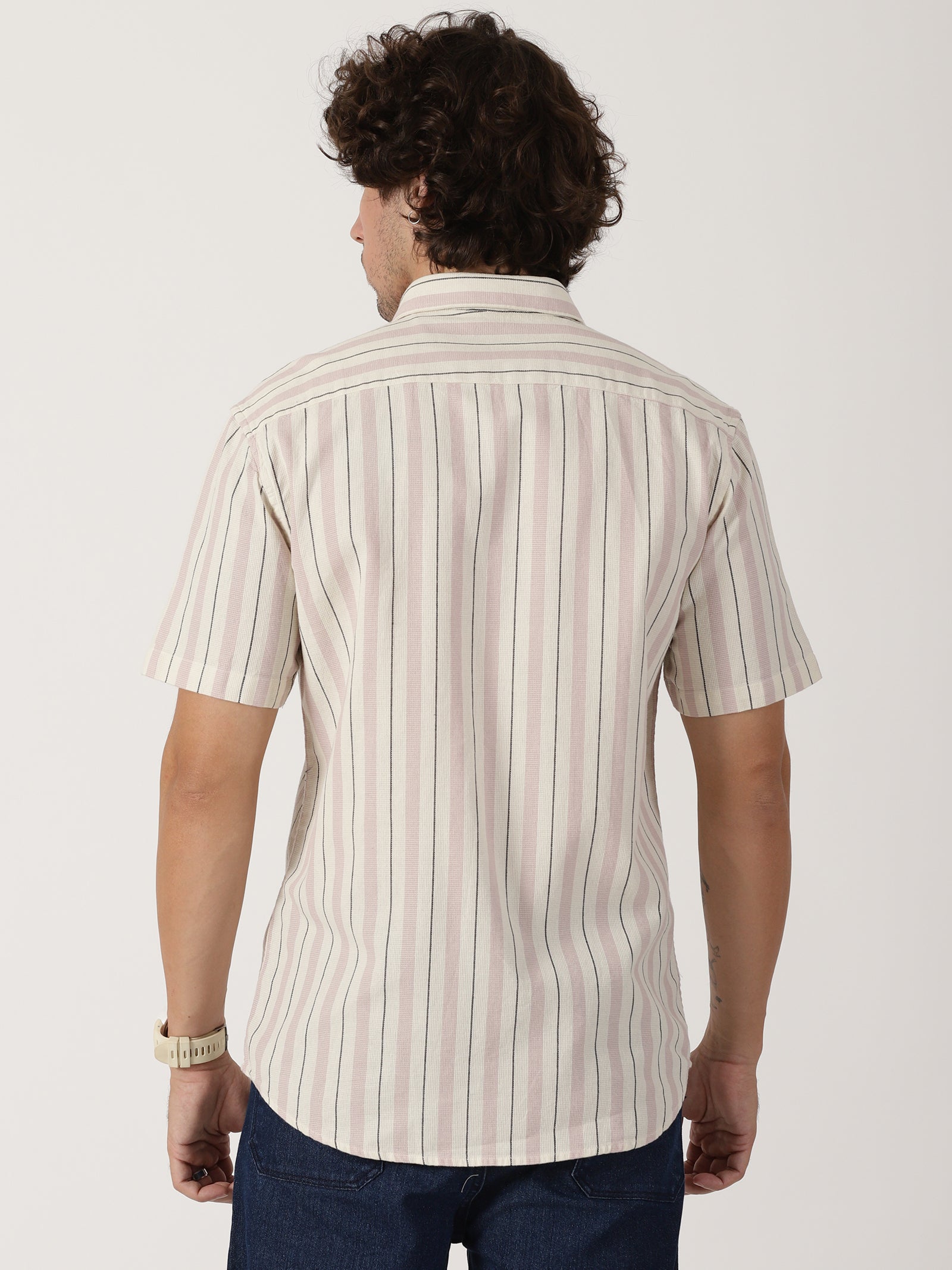 Cream & mauve vertical striped half sleeve
