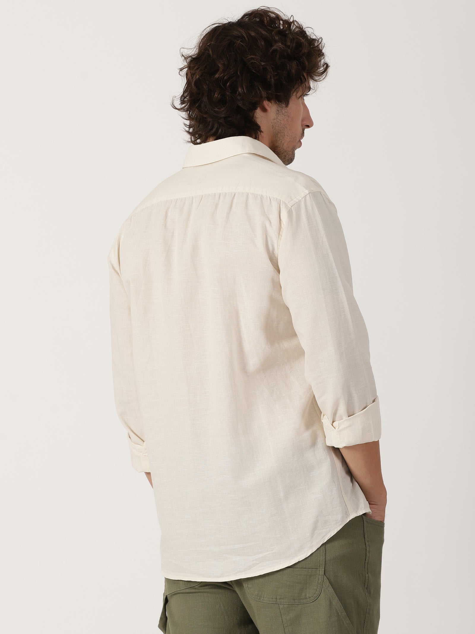off white solid linen blend full sleeve shirt