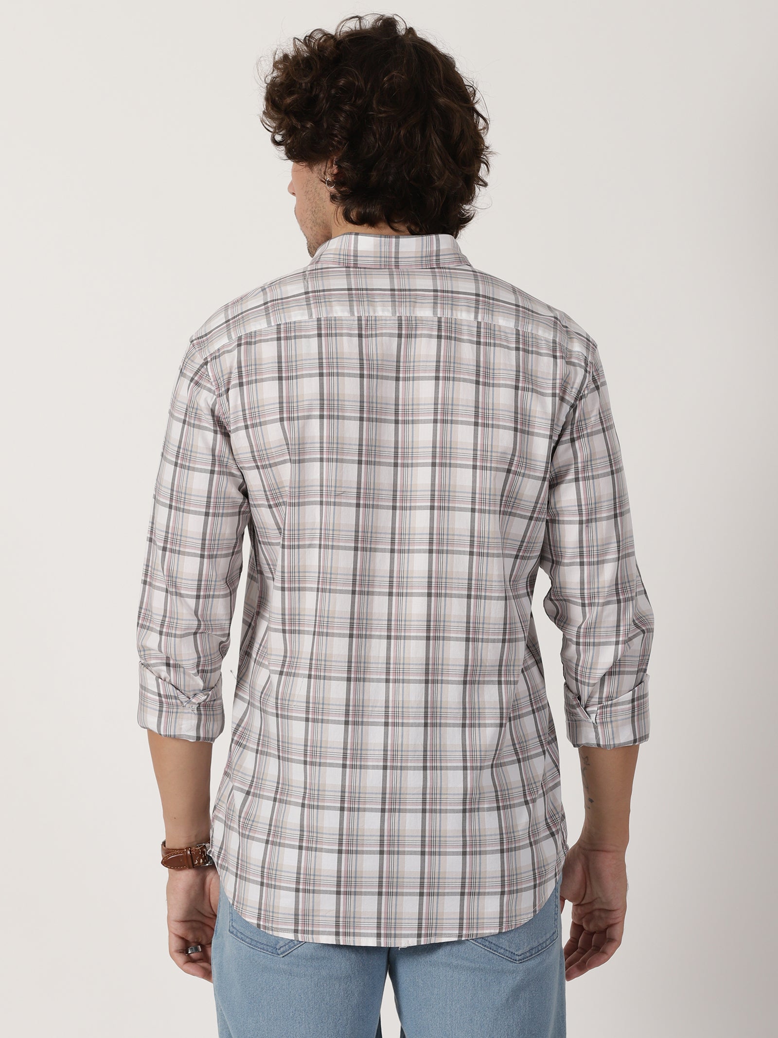 white & grey checkered casual full sleeve