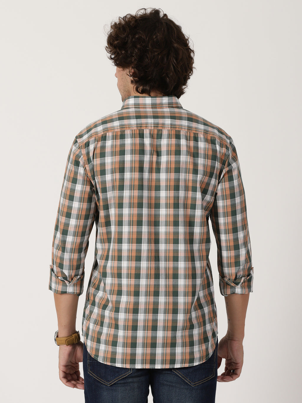 olive green & peach checkered causal full sleeve shirt