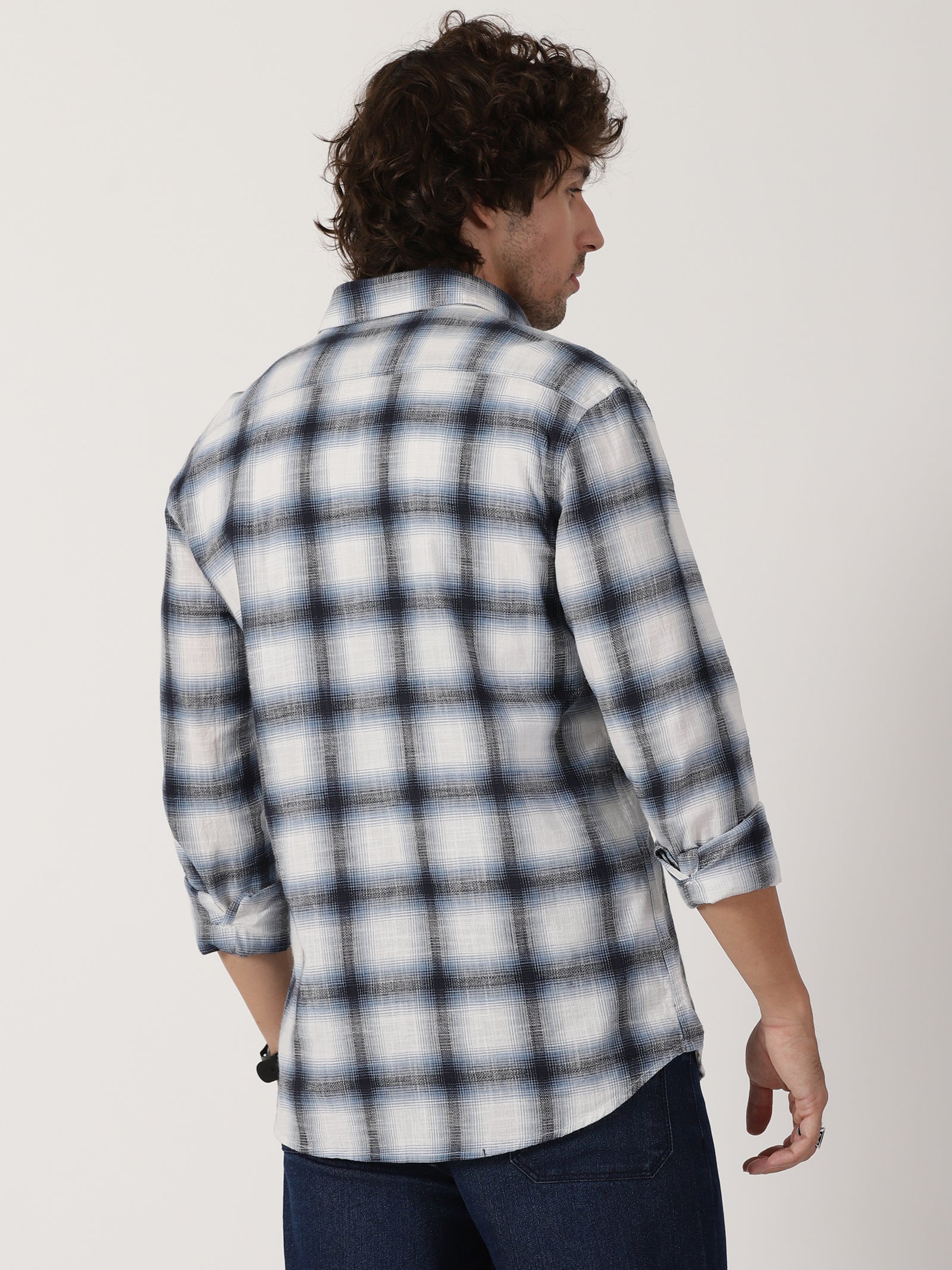 white & navy blue plaid cotton full sleeve shirt