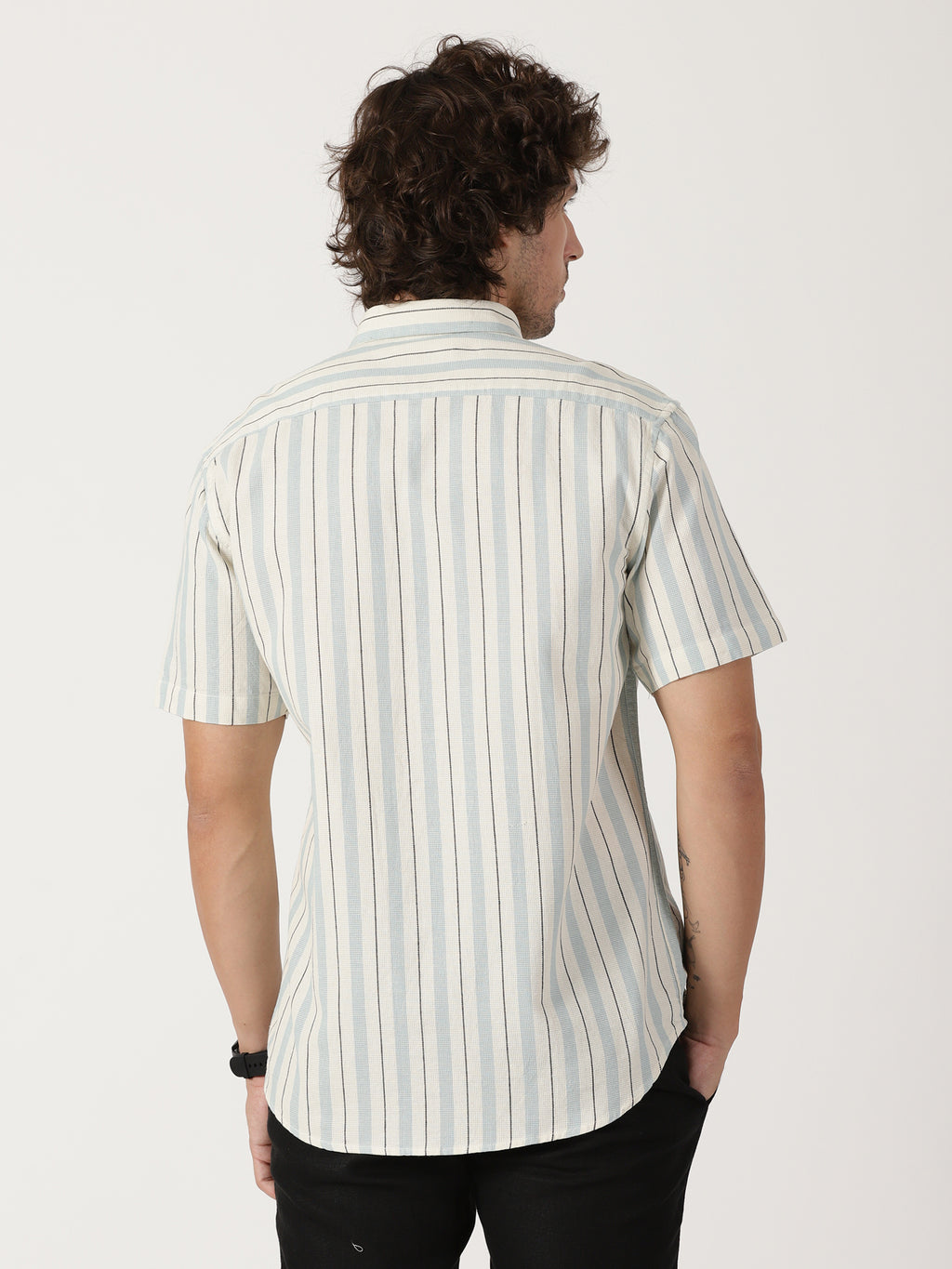 white & sky blue vertical striped cotton blend half sleeve shirt