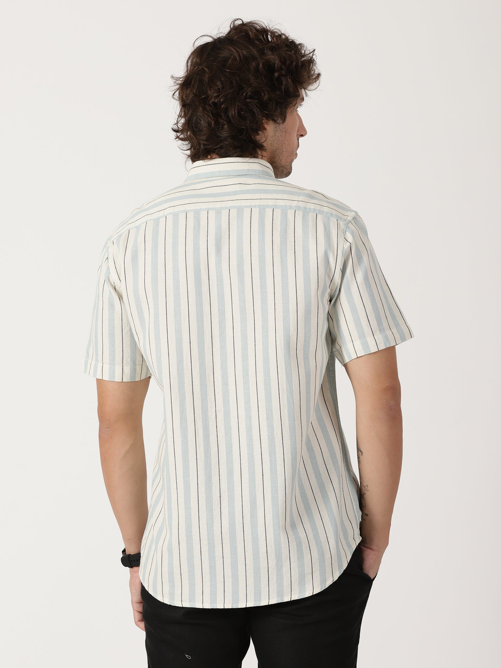 white & sky blue vertical striped cotton blend half sleeve shirt