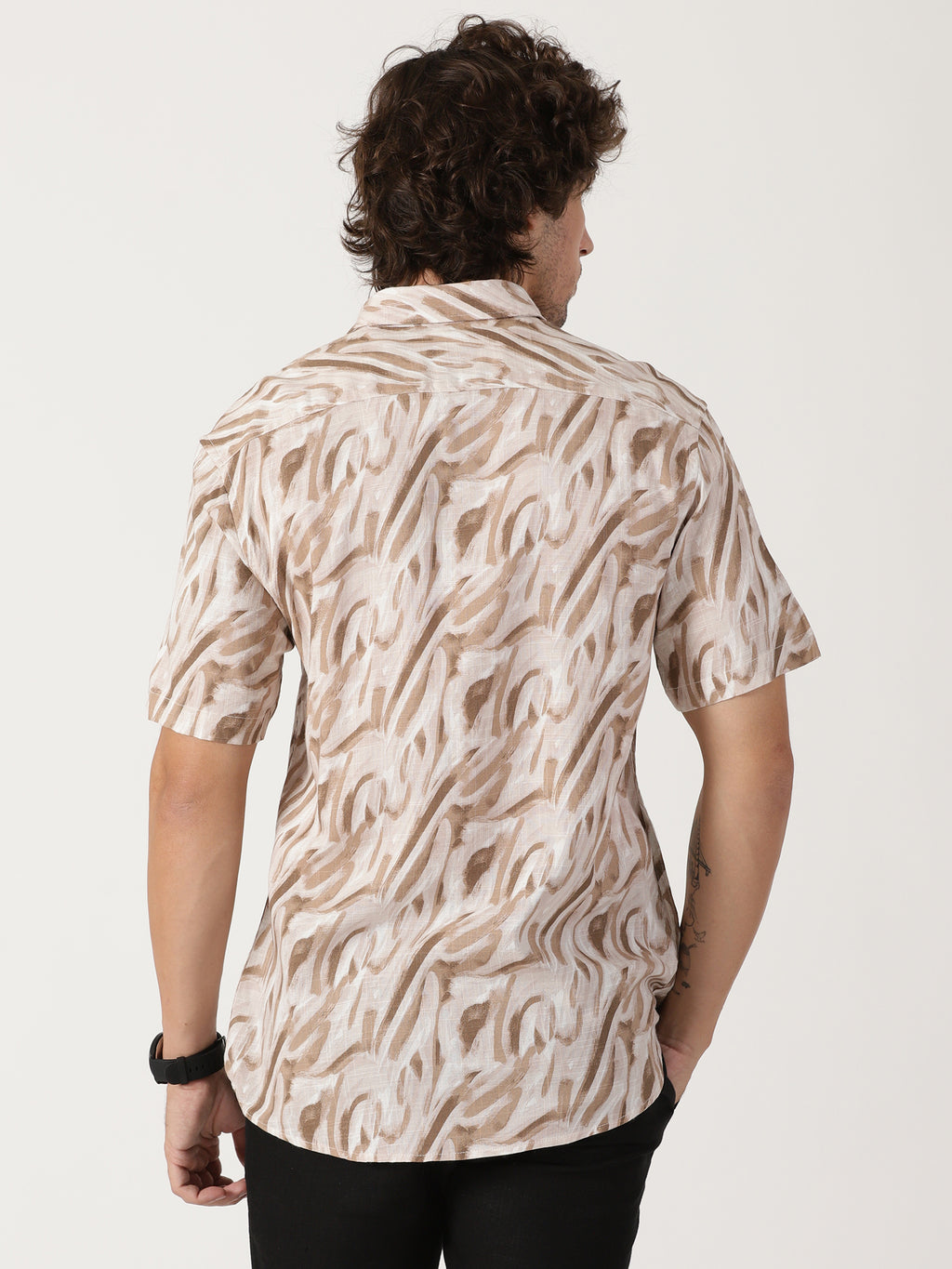 beige abstract print linen blend causal half sleeve shirt