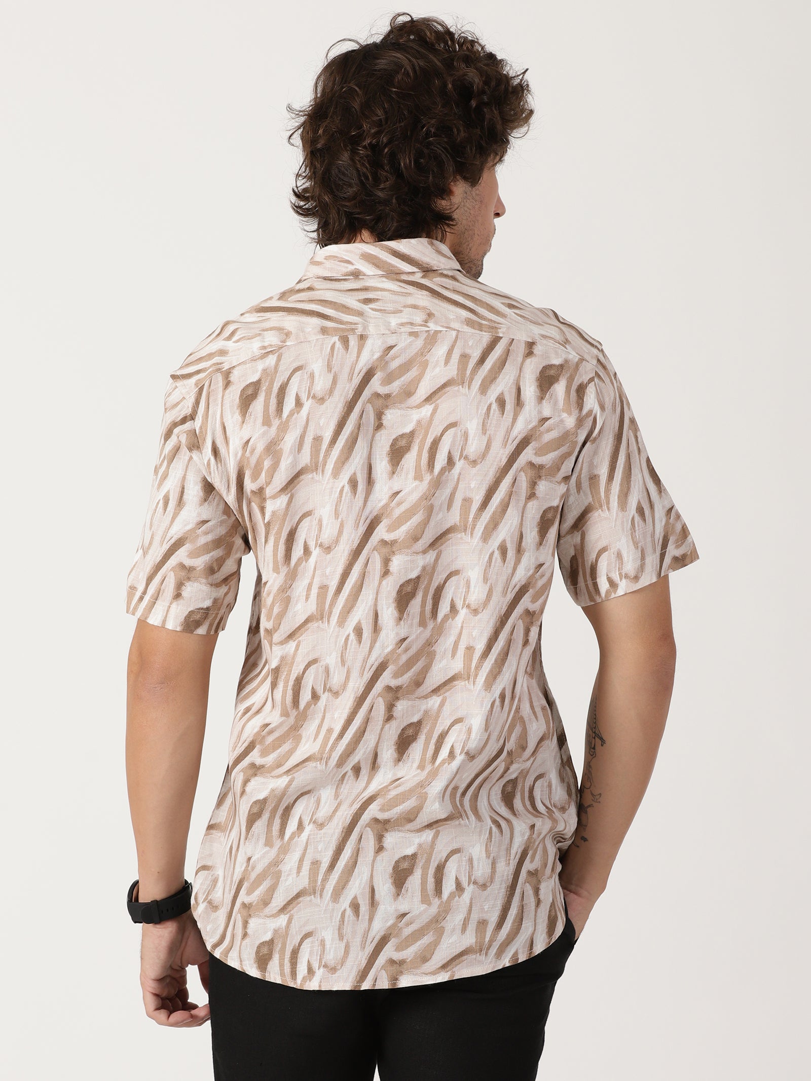 beige abstract print linen blend causal half sleeve shirt