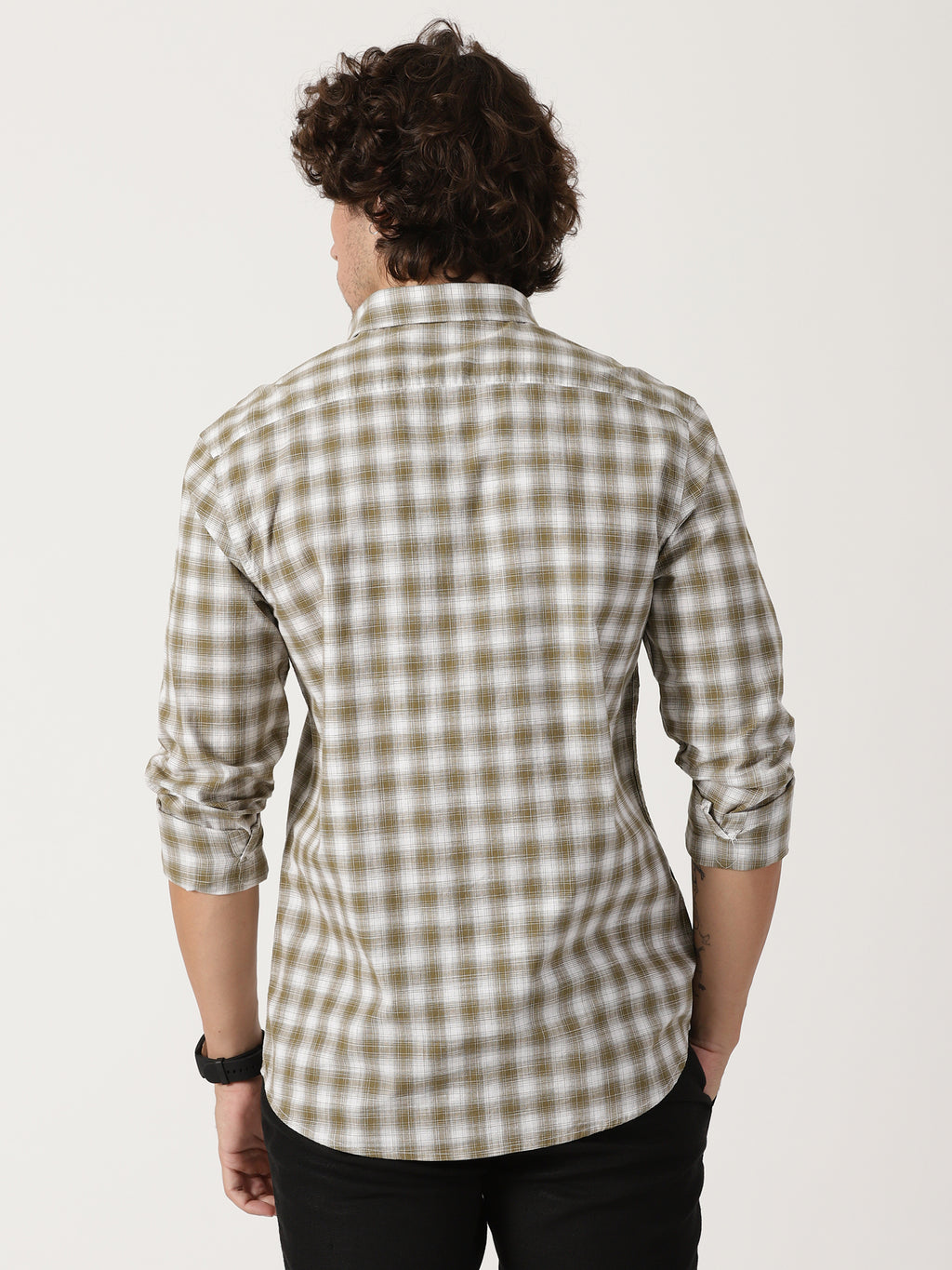 olive green & white checkered cotton shirt