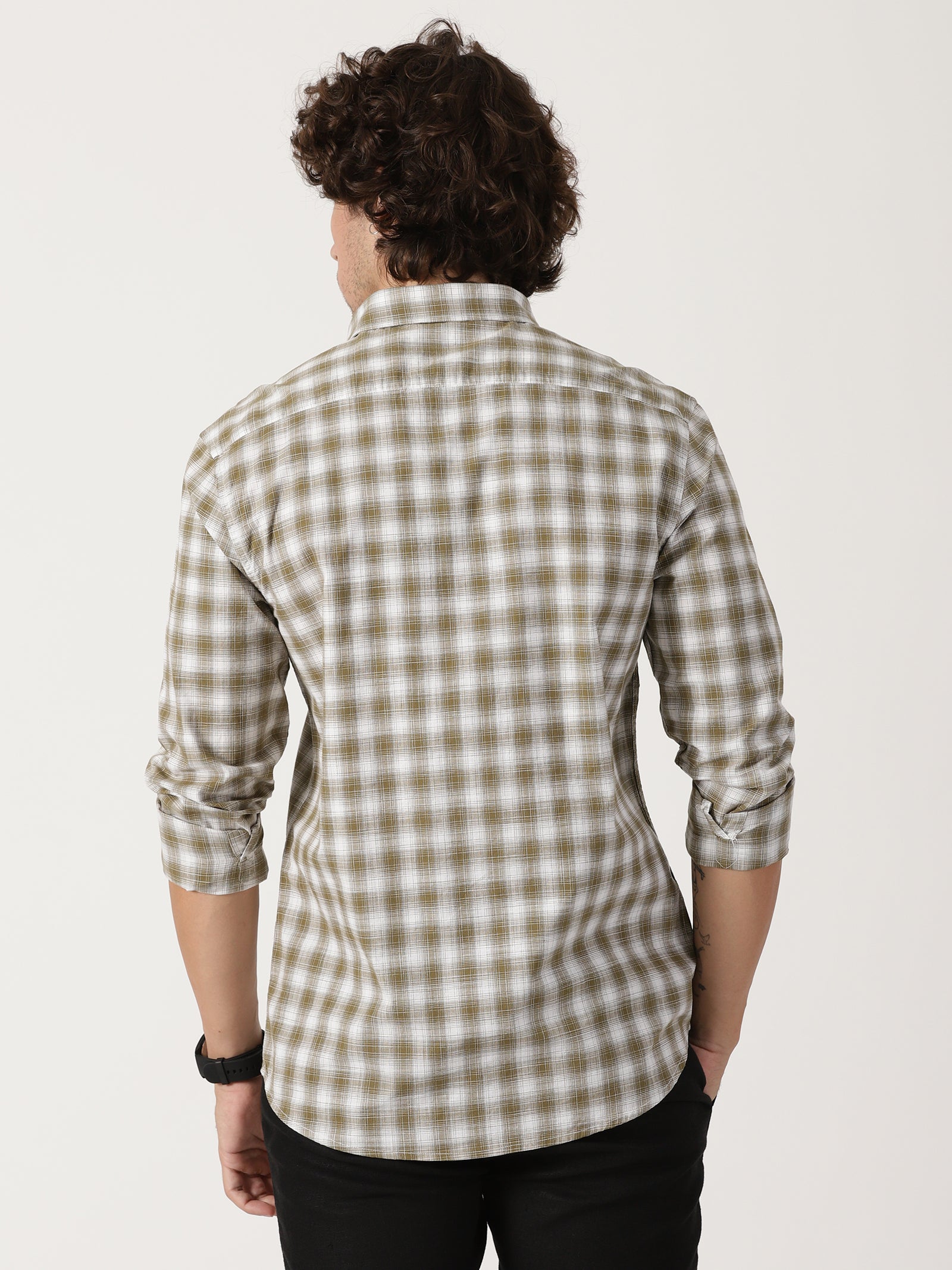 olive green & white checkered cotton shirt