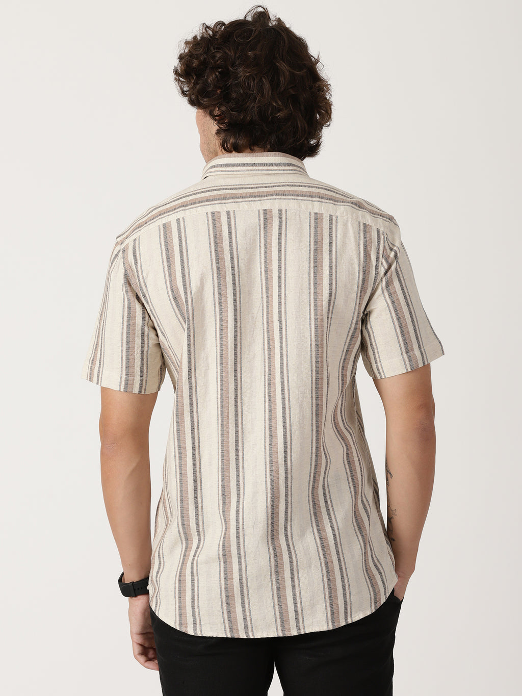 Men's Beige Multi-Toned Vertical Striped Short-Sleeve Resort Shirt