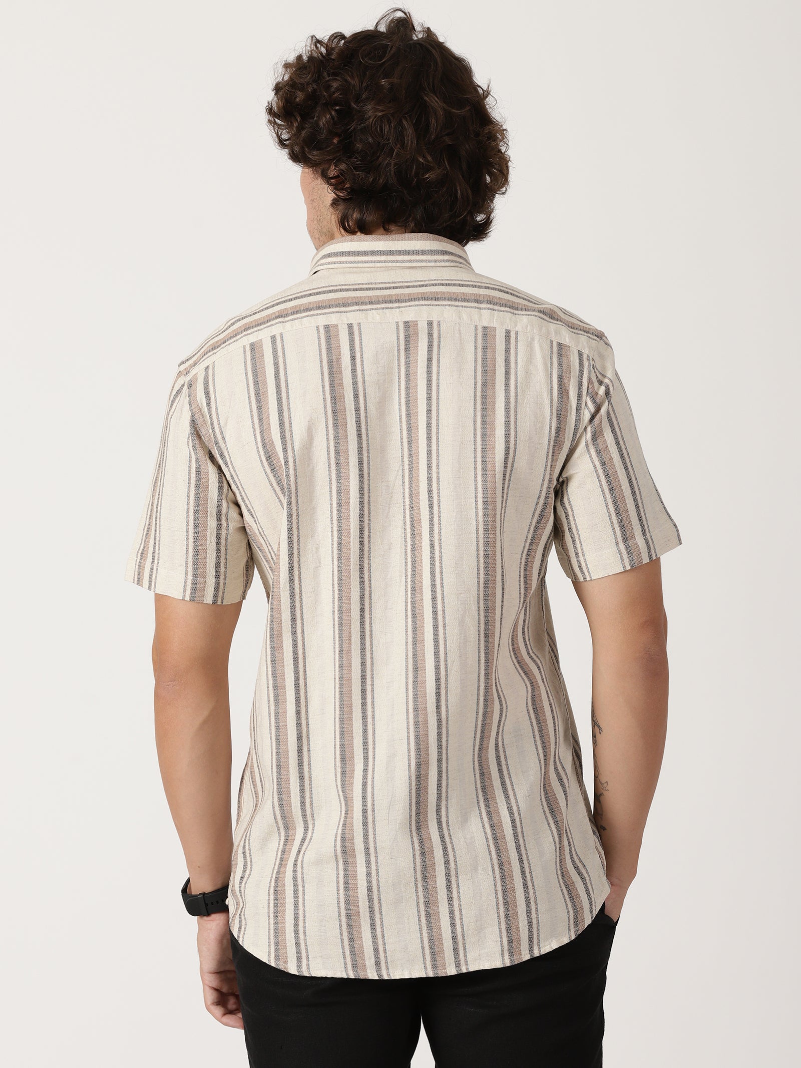 Men's Beige Multi-Toned Vertical Striped Short-Sleeve Resort Shirt