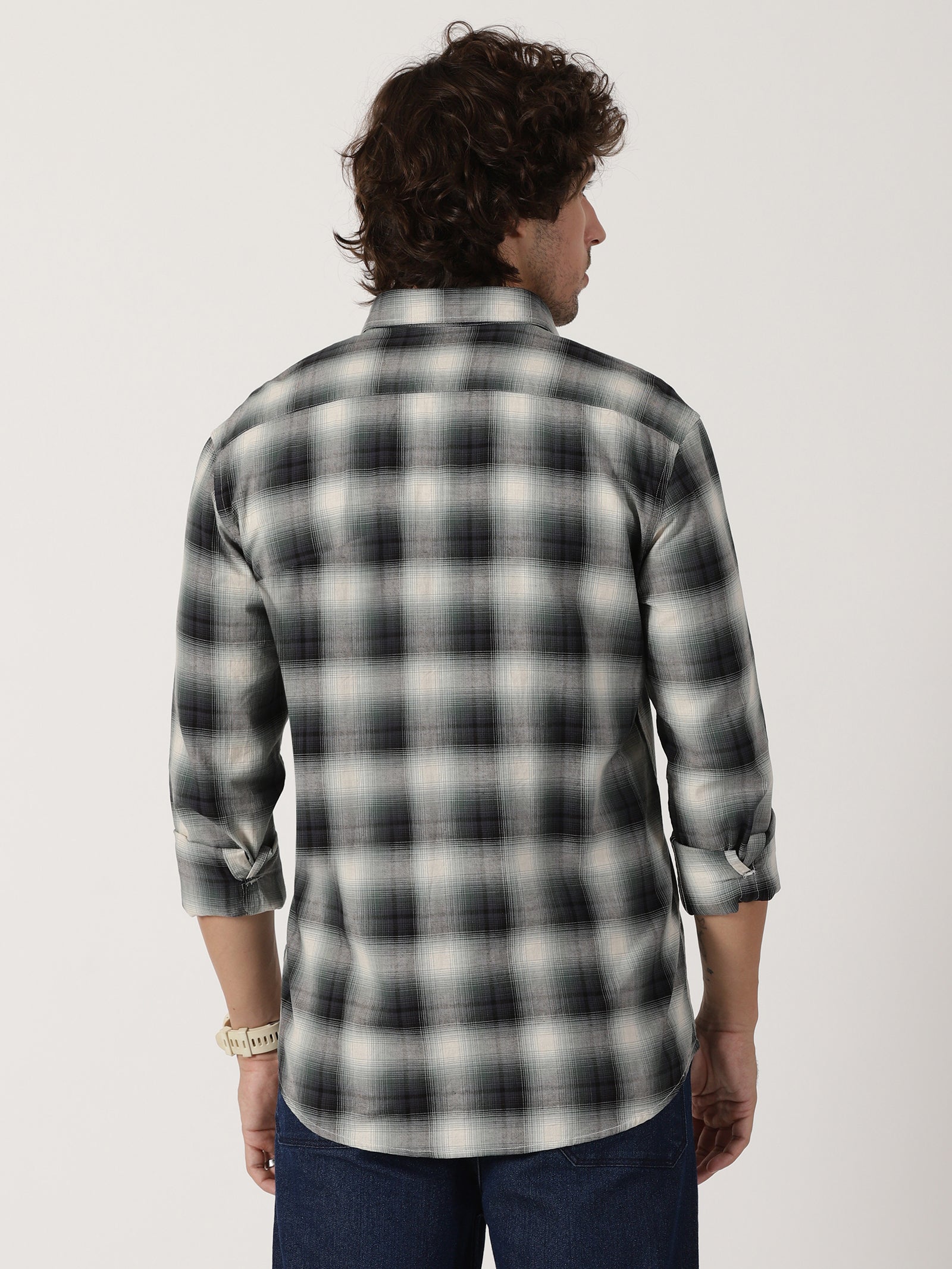 Green & black plaid cotton casual full sleeve shirt