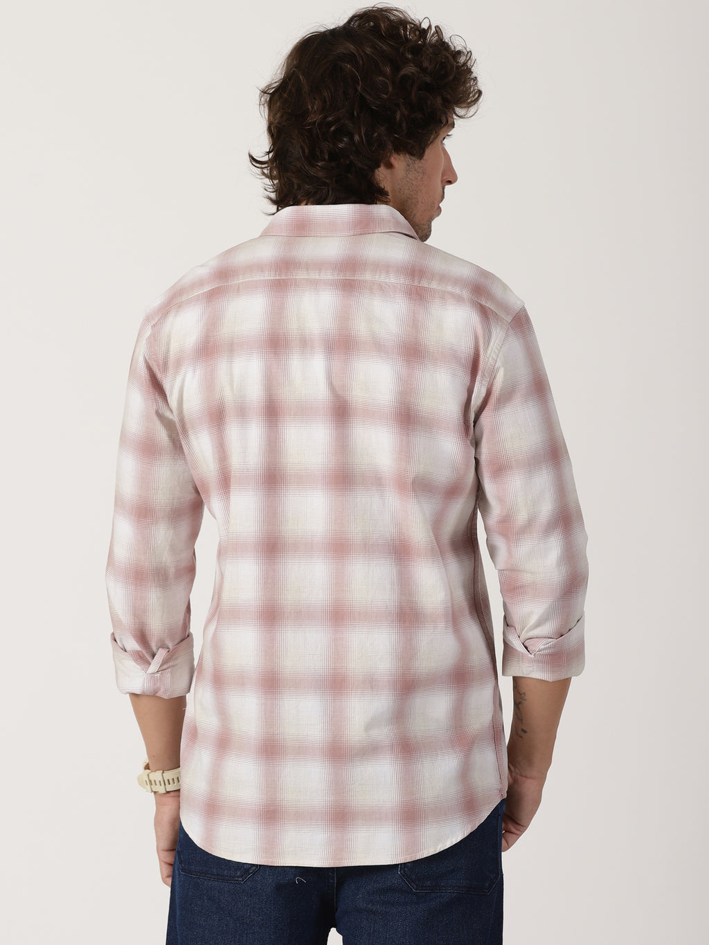 Dusty pink & white plaid cotton casual full sleeve shirt