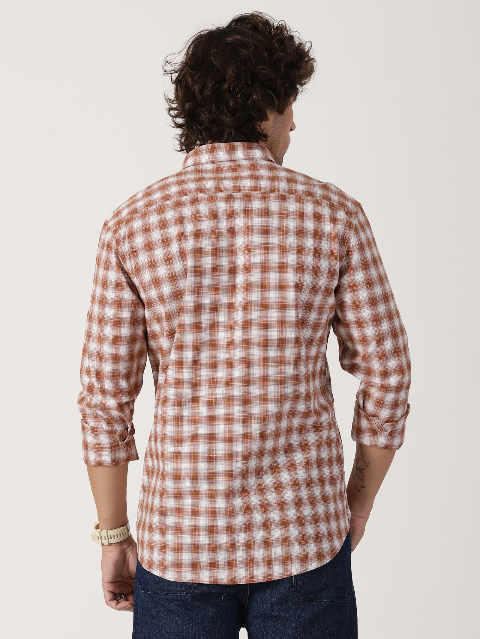 rust brown & white checkered cotton casual full sleeve shirt