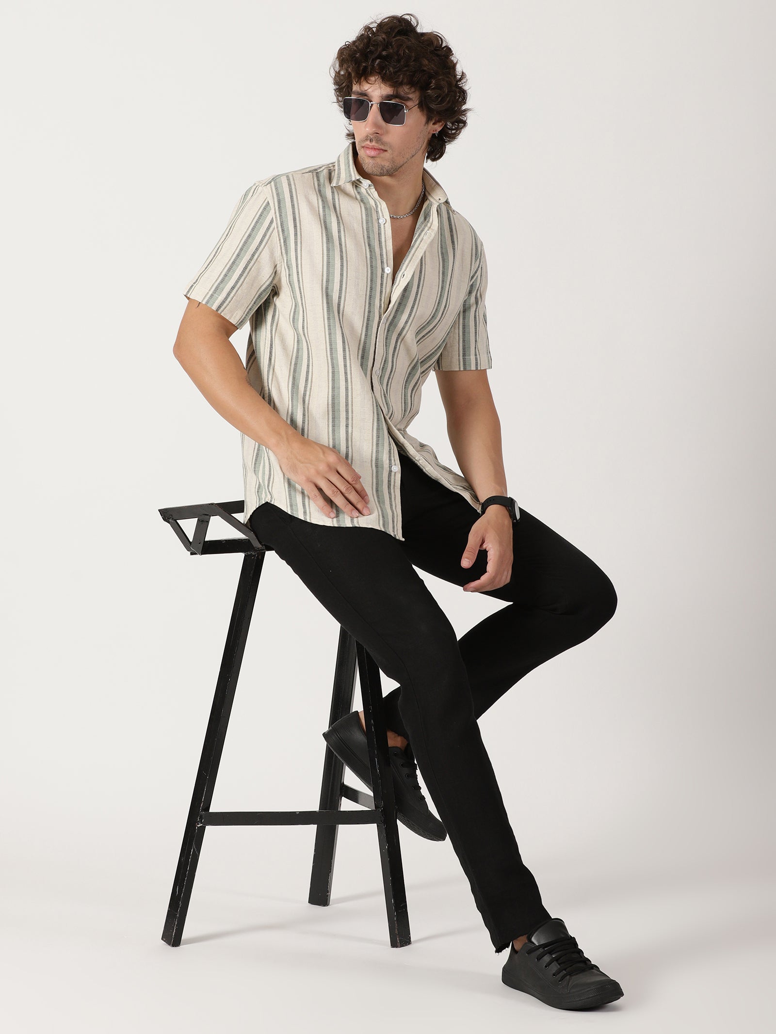Beige & sage green vertical striped linen blend casual half sleeve