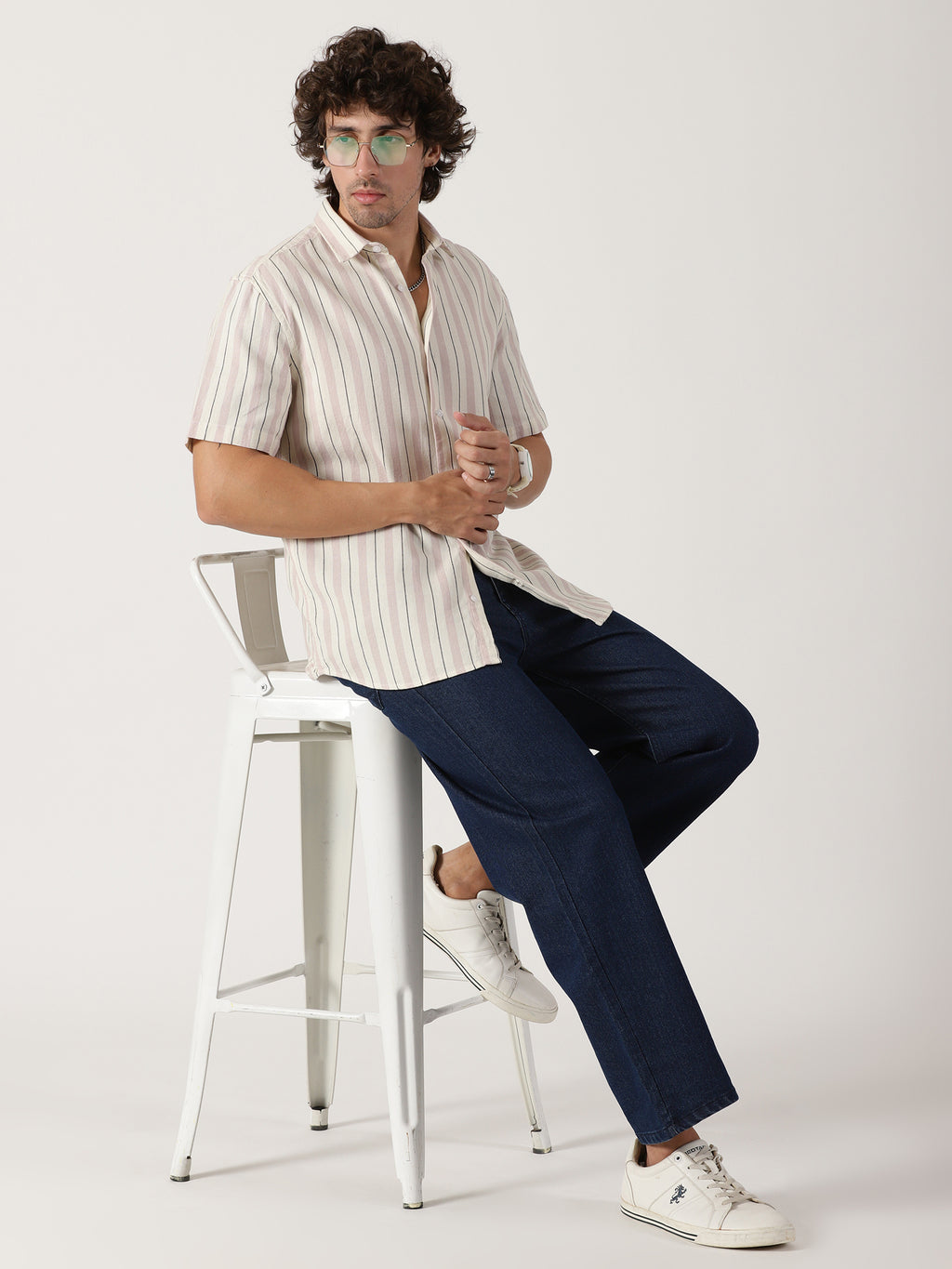 Cream & mauve vertical striped half sleeve