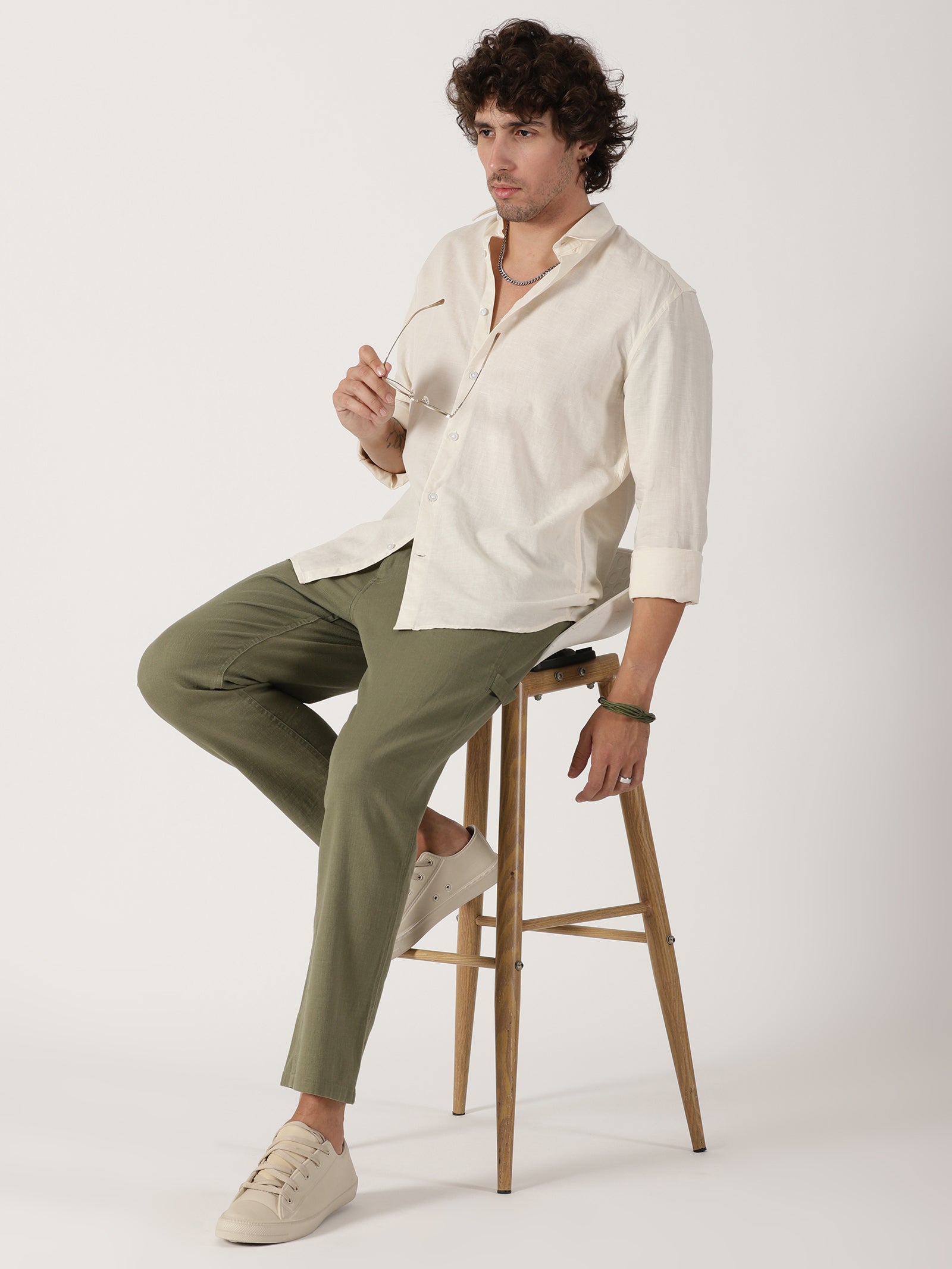 off white solid linen blend full sleeve shirt