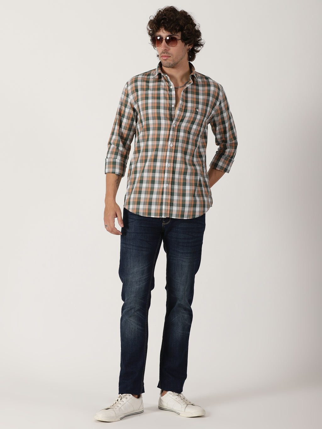 olive green & peach checkered causal full sleeve shirt