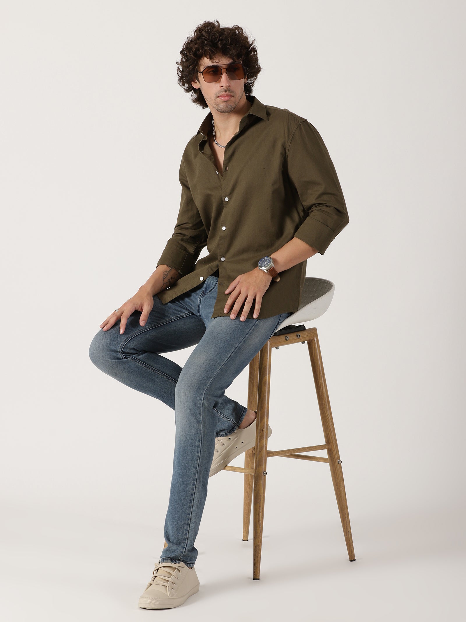 olive green linen full sleeve shirt