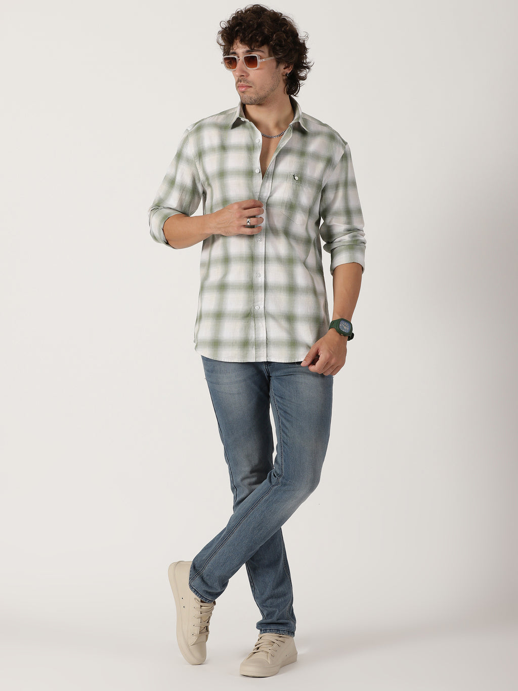 sage green & white checkered full sleeve shirt
