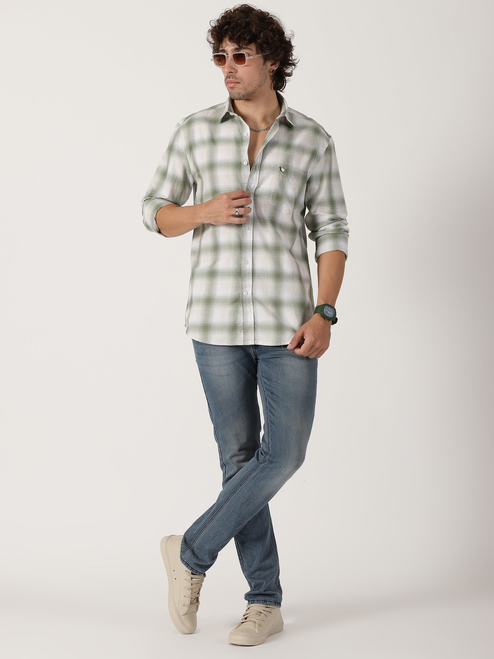 sage green & white checkered full sleeve shirt