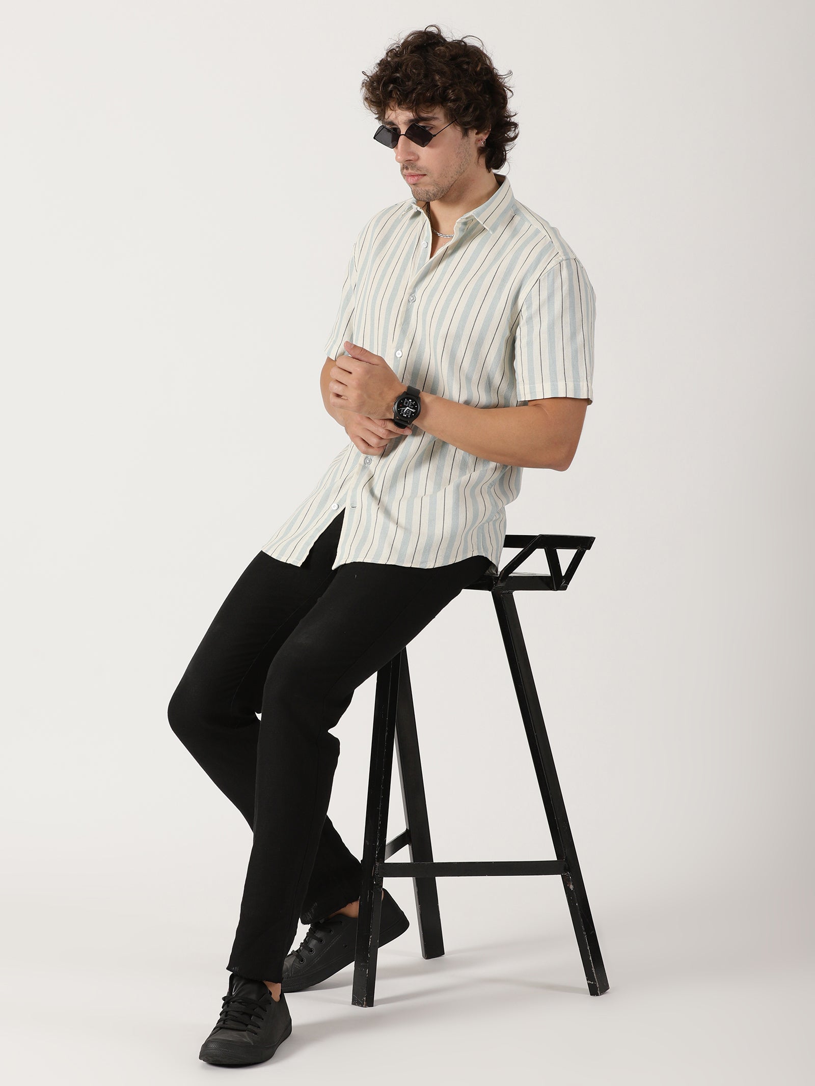 white & sky blue vertical striped cotton blend half sleeve shirt