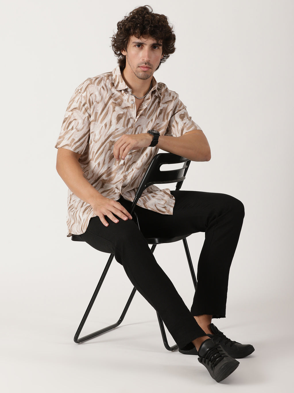 beige abstract print linen blend causal half sleeve shirt