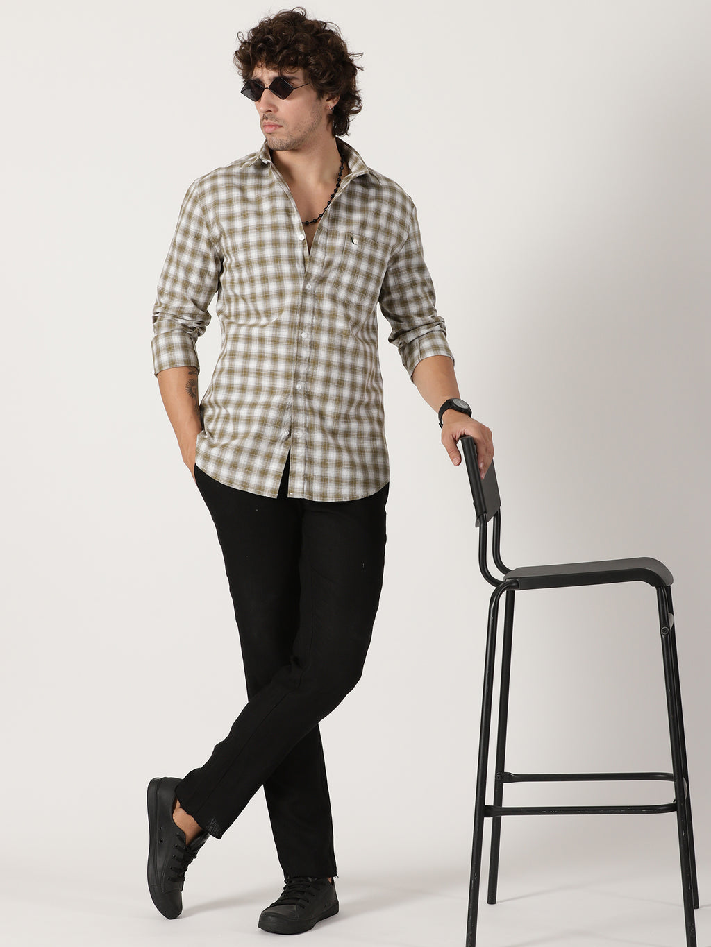 olive green & white checkered cotton shirt