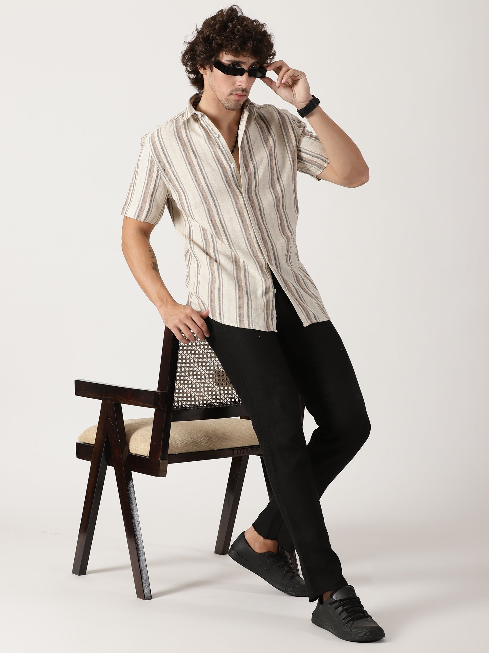 Men's Beige Multi-Toned Vertical Striped Short-Sleeve Resort Shirt