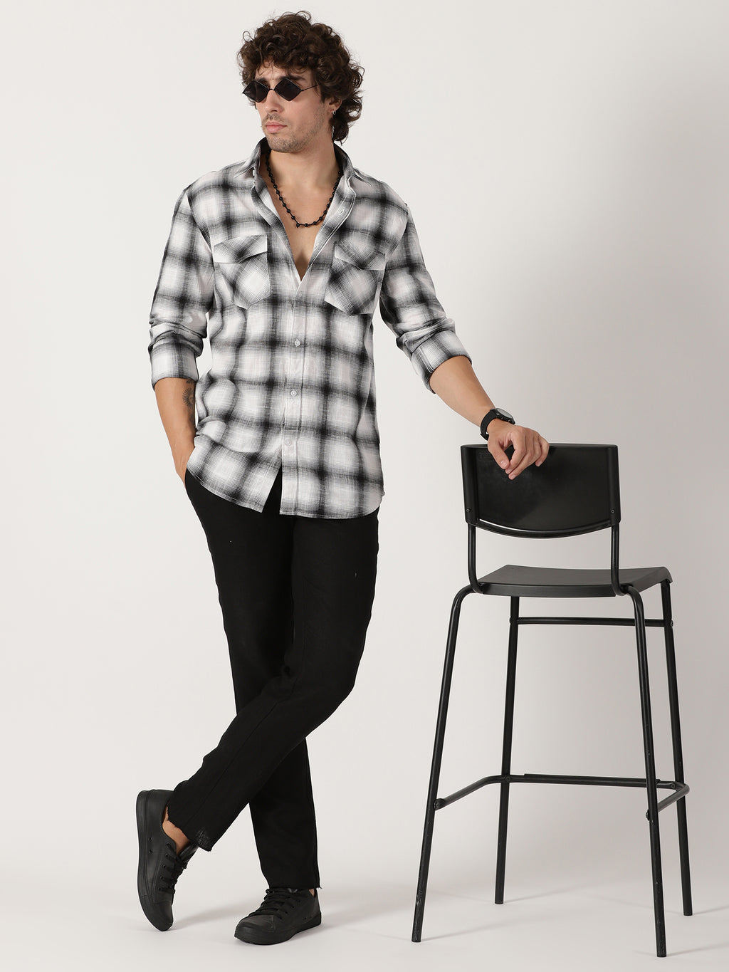 Black & white plaid cotton casual full sleeve