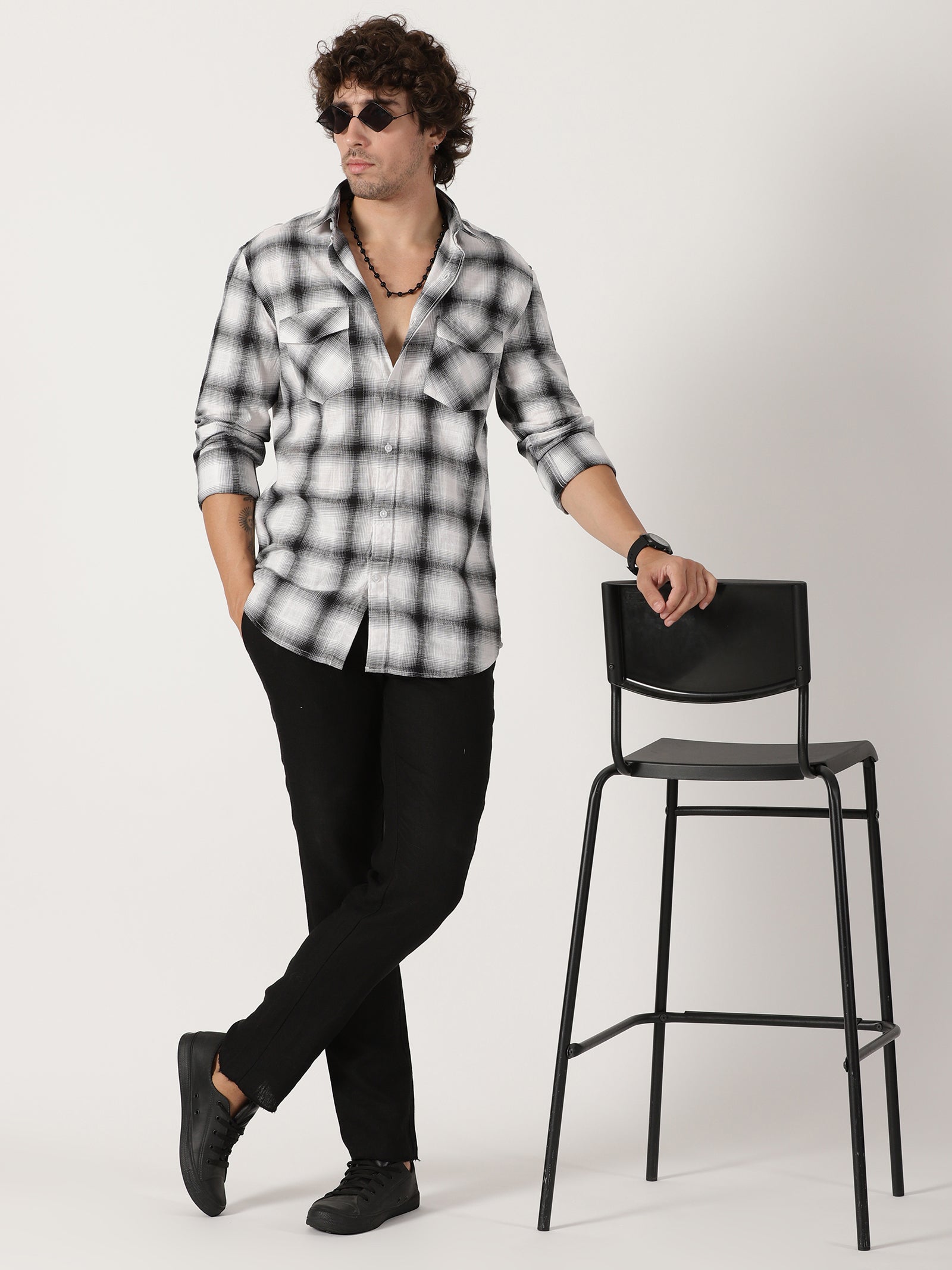 Black & white plaid cotton casual full sleeve