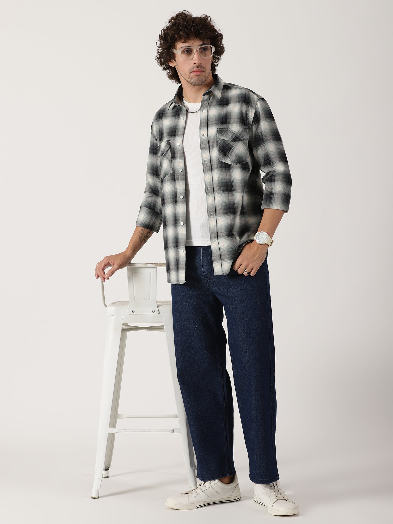 Green & black plaid cotton casual full sleeve shirt