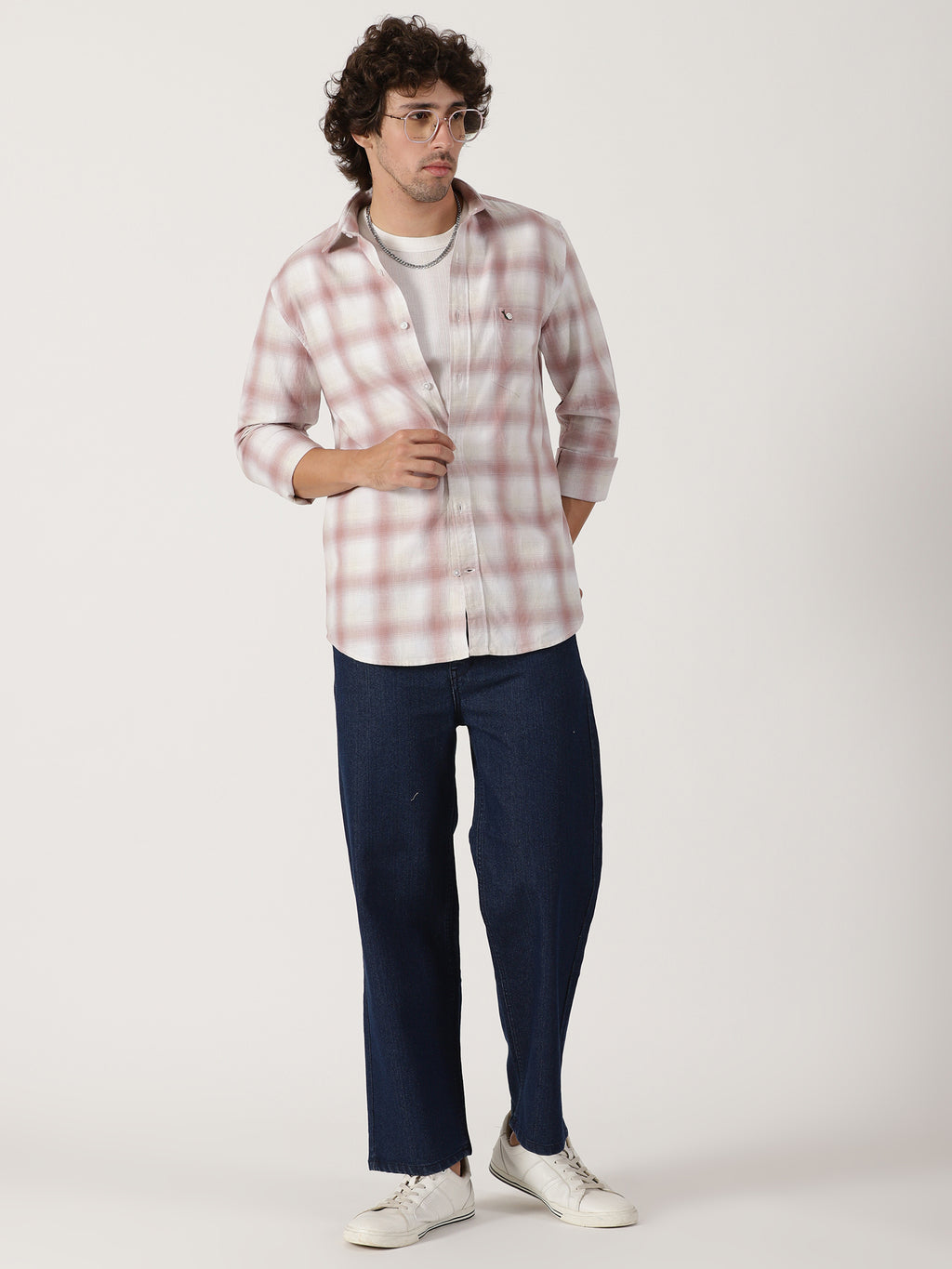 Dusty pink & white plaid cotton casual full sleeve shirt
