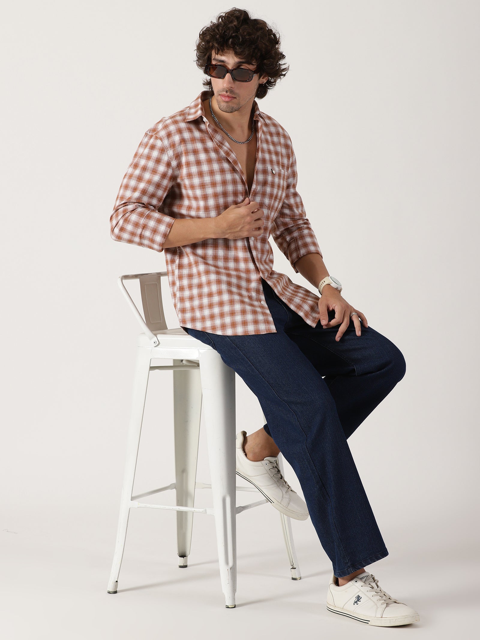 rust brown & white checkered cotton casual full sleeve shirt