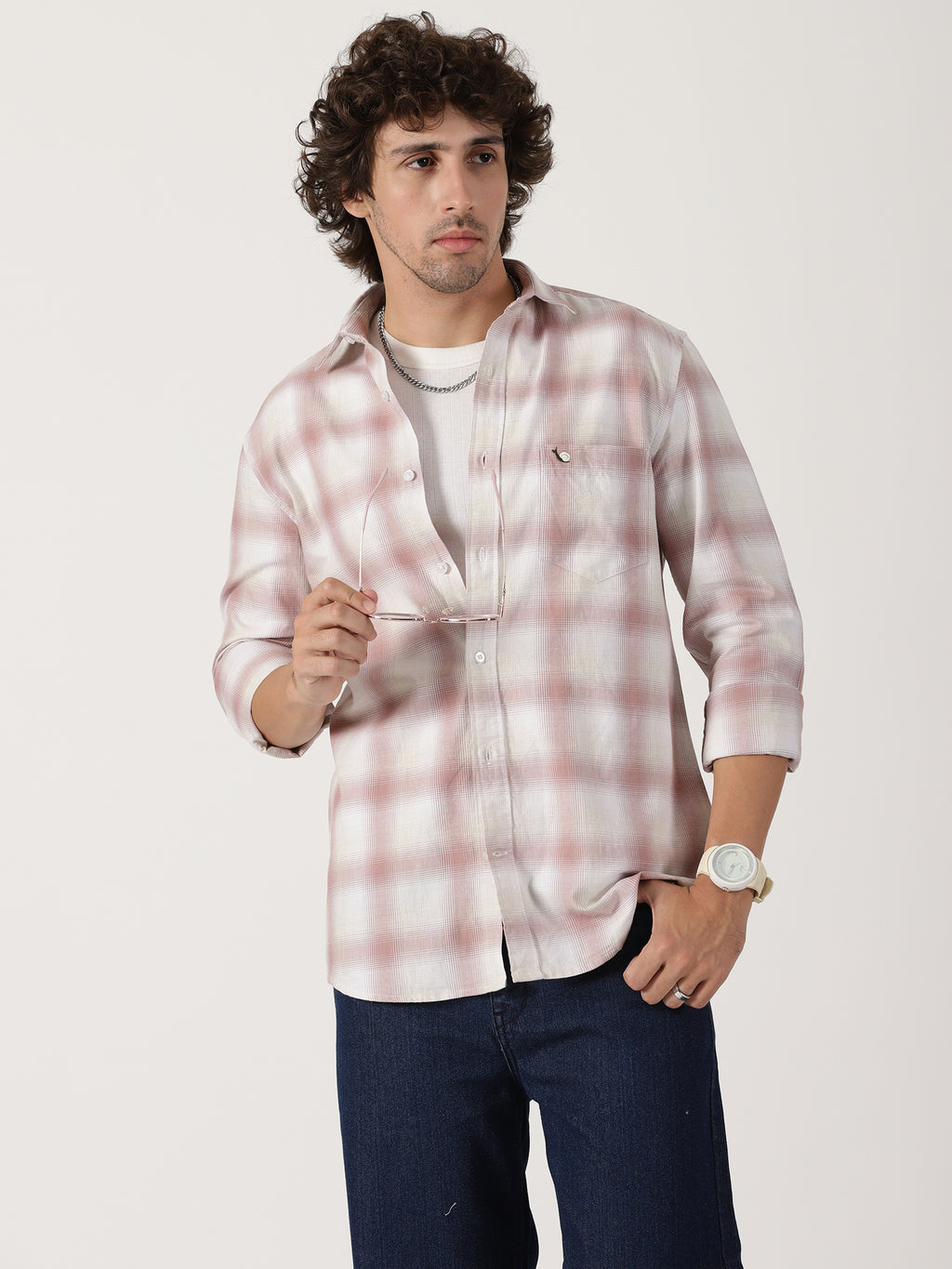 Dusty pink & white plaid cotton casual full sleeve shirt